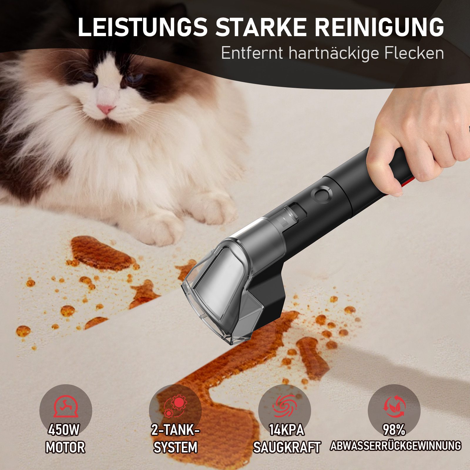 INSE Teppichreinigungsgerät C9, 450 W, mit Beutel, Kraftvolle Fleckenentfernung, Schnelltrocknend, 2-TANK-SYSTEM, Tragbar