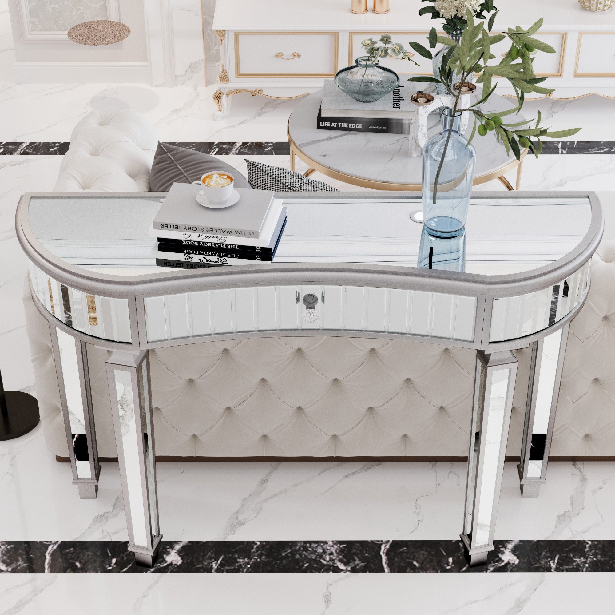 MODFU Konsolentisch Sofatisch mit Fluted Glass & Kristallgriff-Schublade (Beistelltisch), Dekotisch