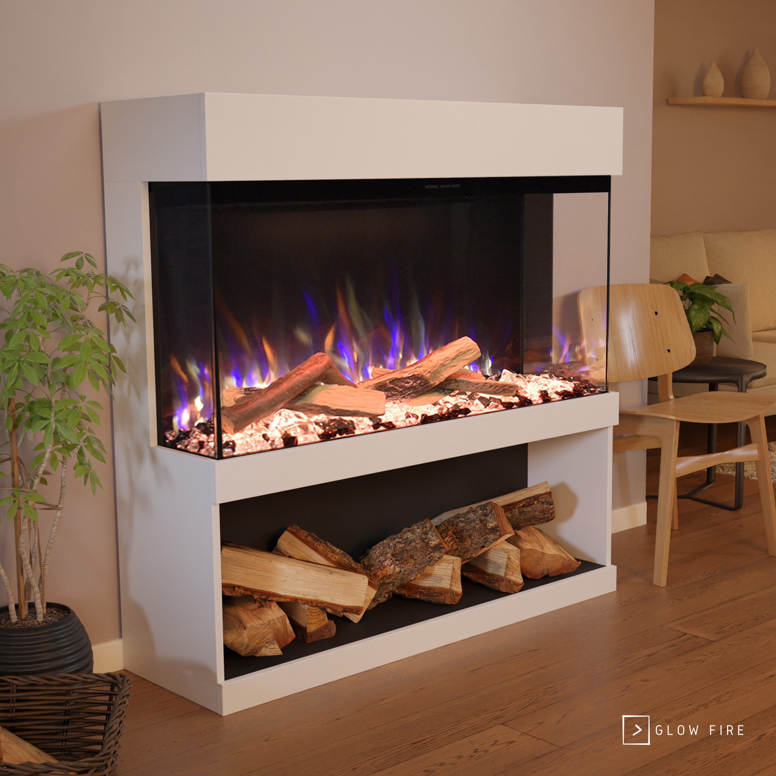 GLOW FIRE Elektrokamin PR17 E-Motion 3D, Elektrischer Kamin mit 3D Feuer mit Heizung, täuschend echte Flamme mit Heizung, 3 Dekorationen