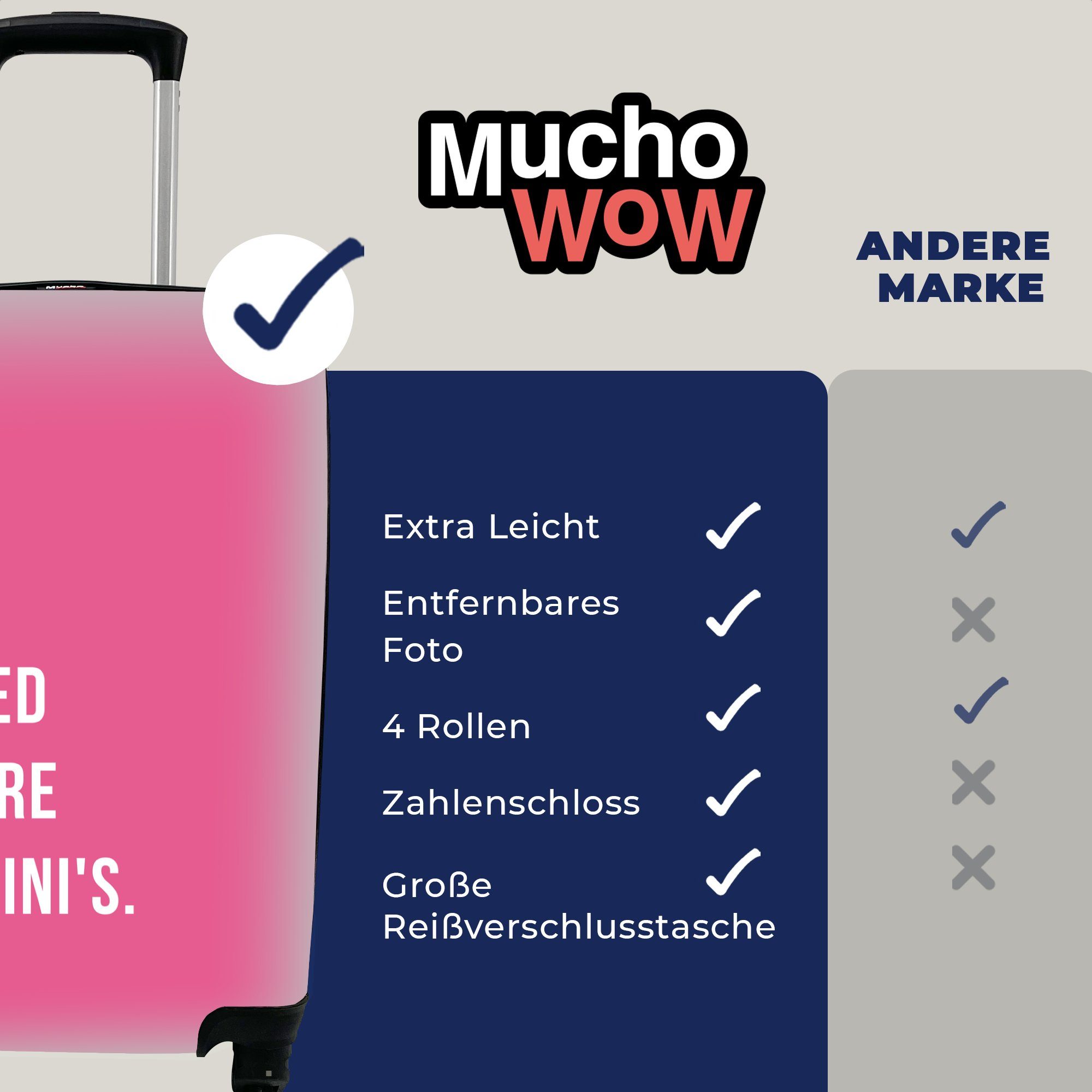 MuchoWow Handgepäckkoffer Zitat - Pink Bikinis, Ferien, mit rollen, Handgepäck Reisekoffer - mehr Ich 4 Trolley, Rollen, brauche für Reisetasche
