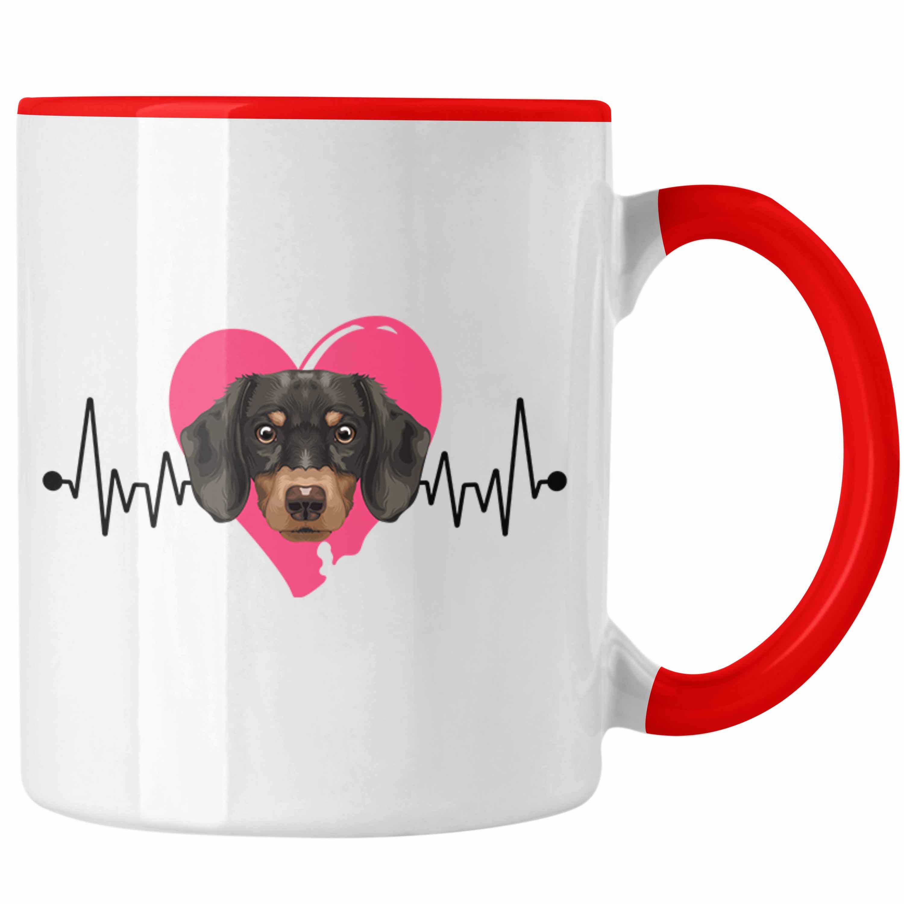 Trendation Tasse Dackel Besitzer Tasse Geschenk Lustiger Spruch Geschenkidee Herzschlag Rot