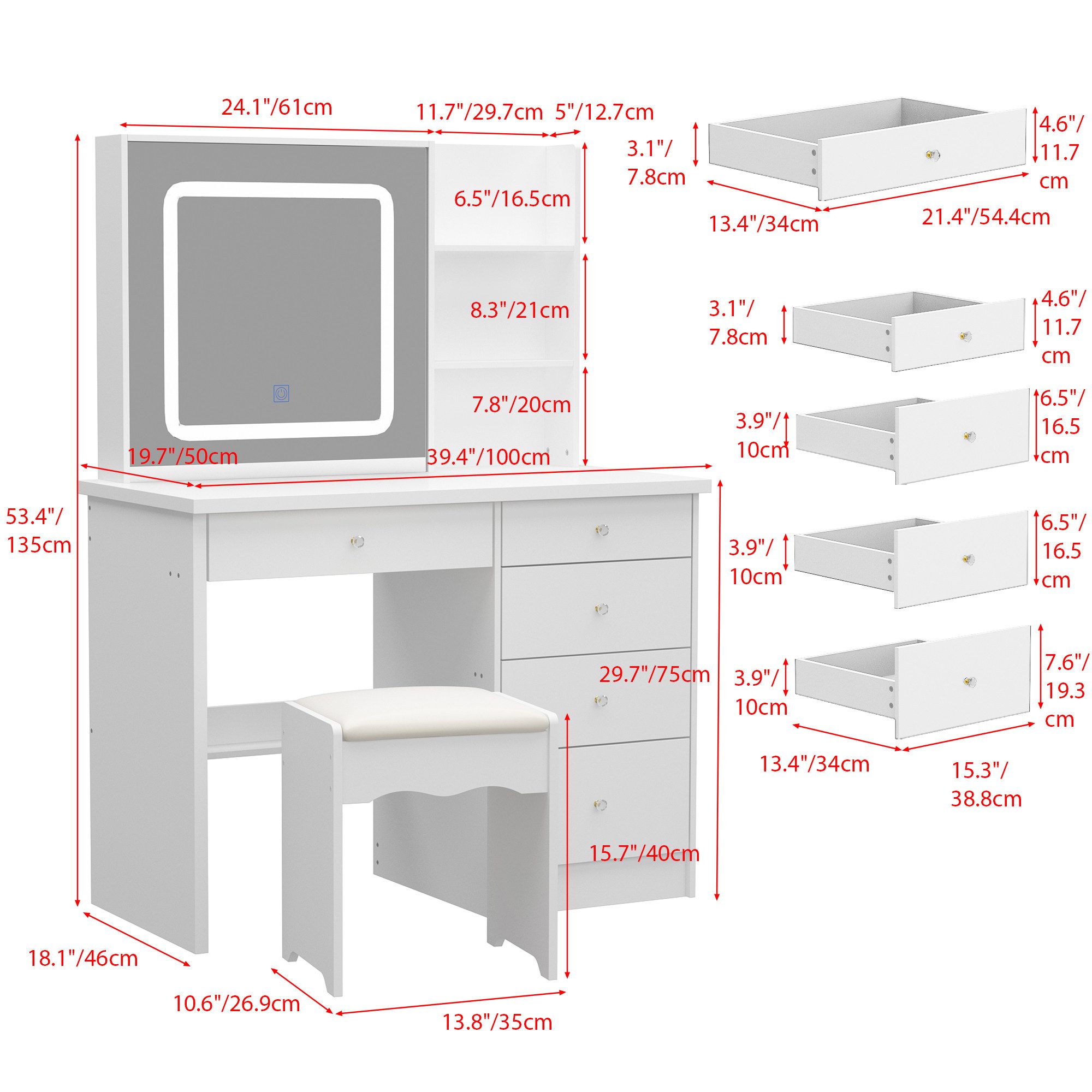 HOMSEE Schminktisch mit LED-Beleuchtung und Hocker, 5 Schubladen, 50 x 100 günstig online kaufen