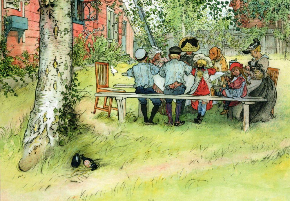 Postkarte Kunstkarte Carl Larsson "Frühstück unter der großen Birke"
