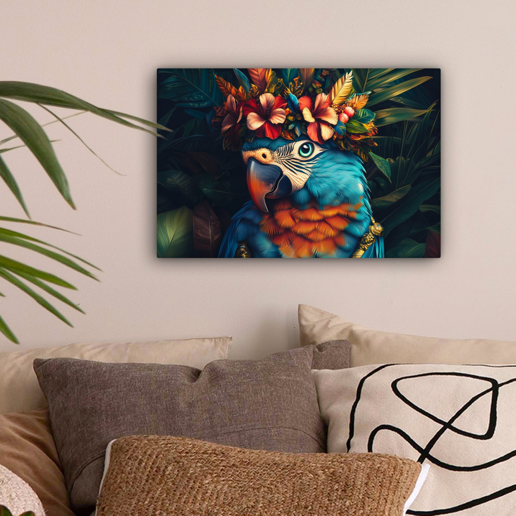 OneMillionCanvasses® Leinwandbild Papagei - Vogel - Bunt - Blumen - Blätter günstig online kaufen