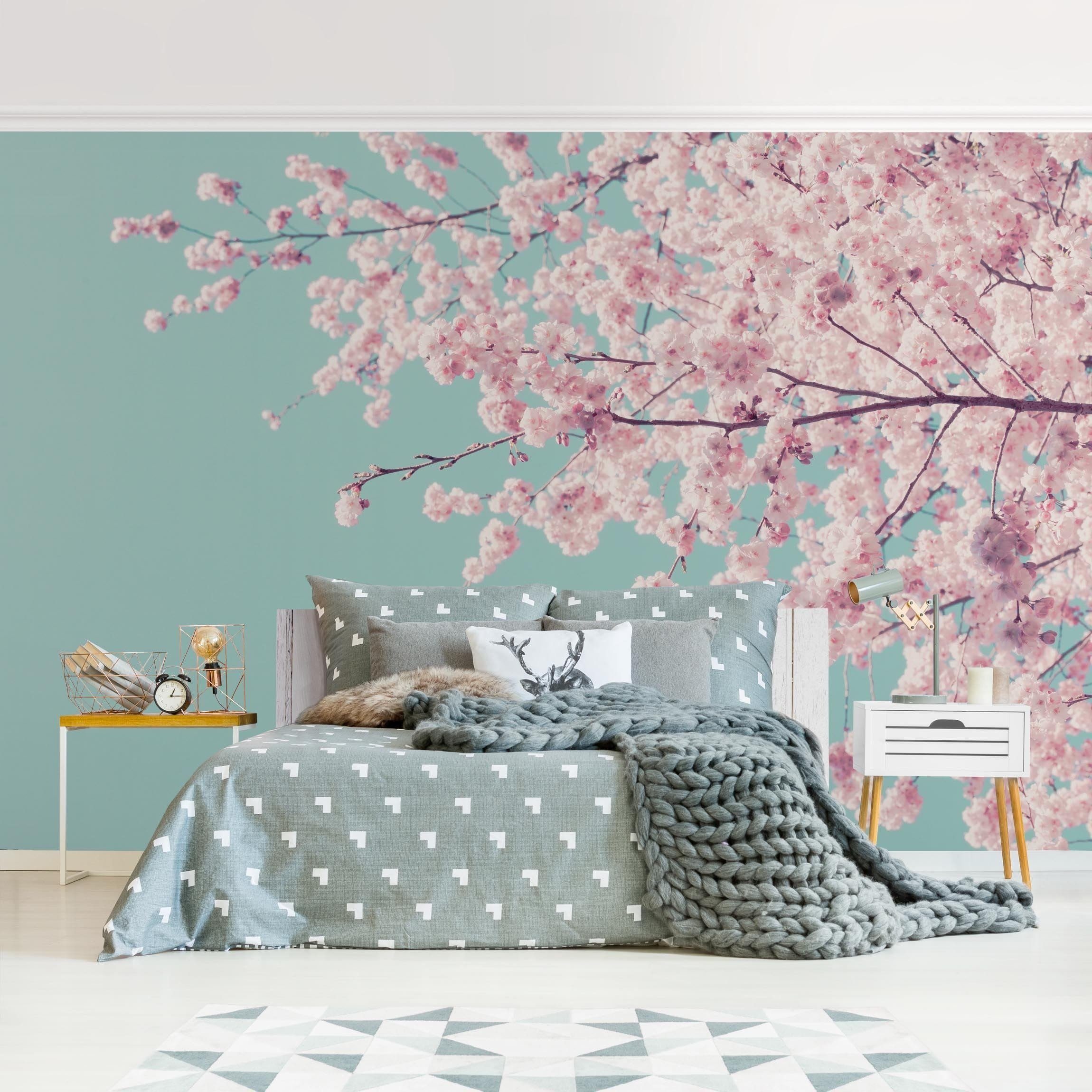 Bilderdepot24 Fototapete Blumen Japanische Kirschblüte Blumentapete Floral Natur Modern Kunst, Glatt, Matt, (Vliestapete inkl. Kleister oder selbstklebend), Wohnzimmer Schlafzimmer Küche Flur Motivtapete Vliestapete Wandtapete