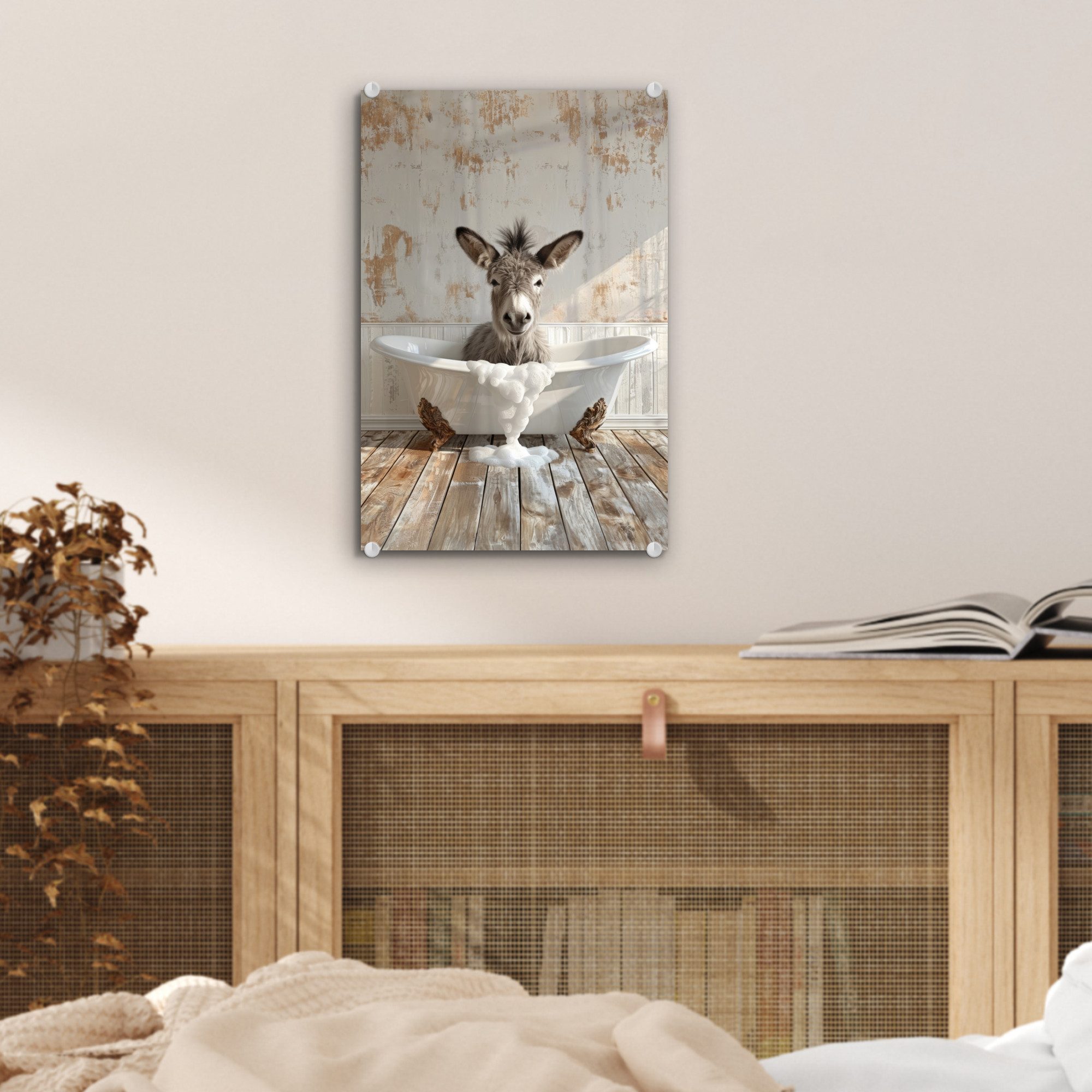 MuchoWow Acrylglasbild Esel - Tiere - Badewanne - Schaumstoff, Inkl. Aufhängung, Acrylglasbilder Badezimmer, Toilette Bilder auf Glas, 20x30 cm – Bild 5 von 5