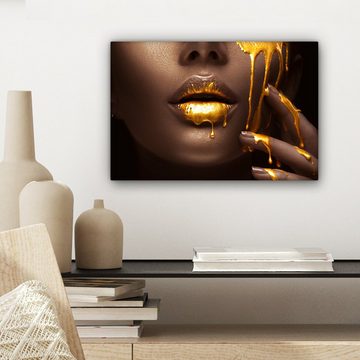 OneMillionCanvasses® Leinwandbild Gold - Frau - Farbe - Lippen - Luxus, (1 St), Wandbild Leinwandbilder, Aufhängefertig, Wanddeko, 30x20 cm