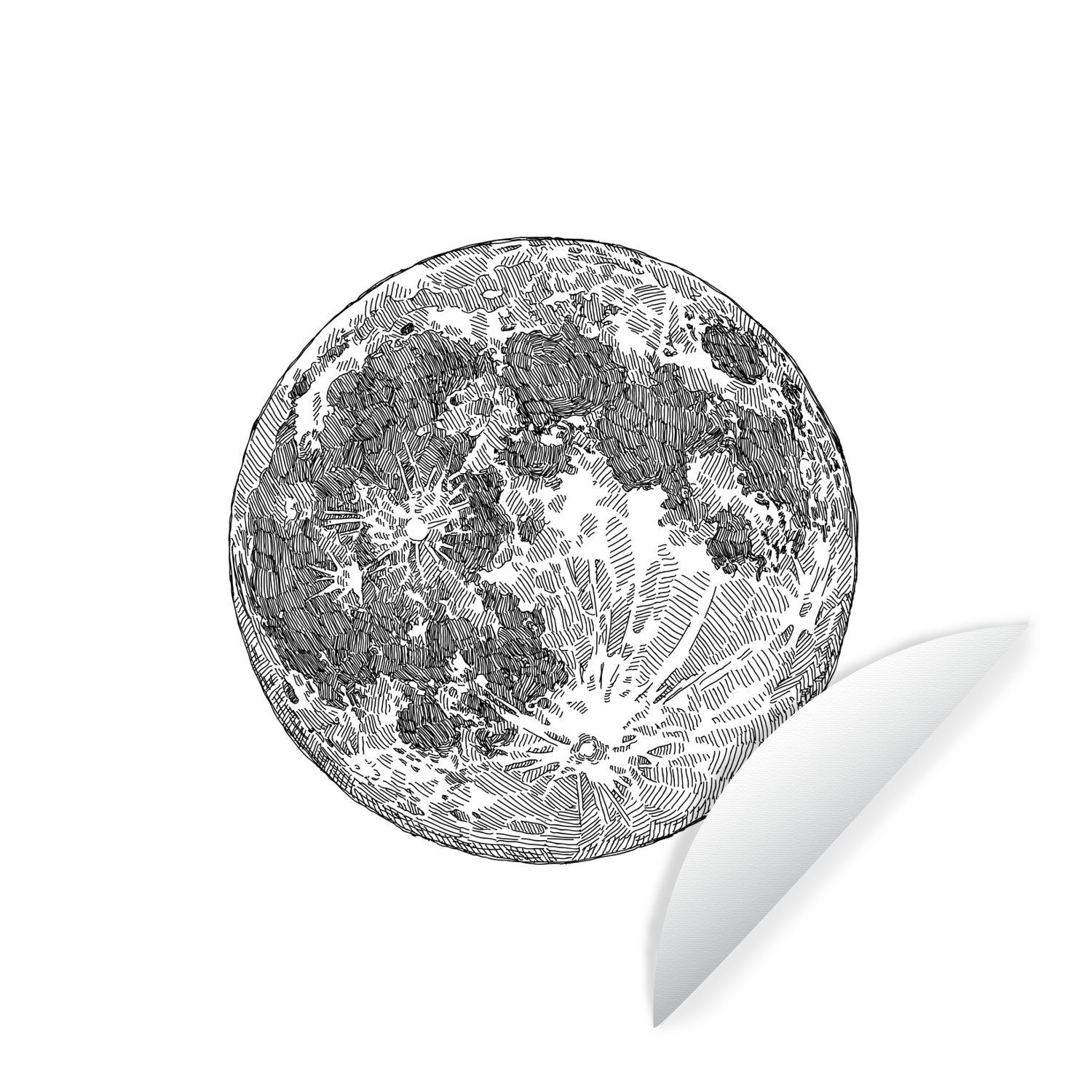 MuchoWow Wandsticker Eine schwarz-weiße Illustration des Mondes (1 St), Tapetenkreis für Kinderzimmer, Tapetenaufkleber, Rund, Wohnzimmer