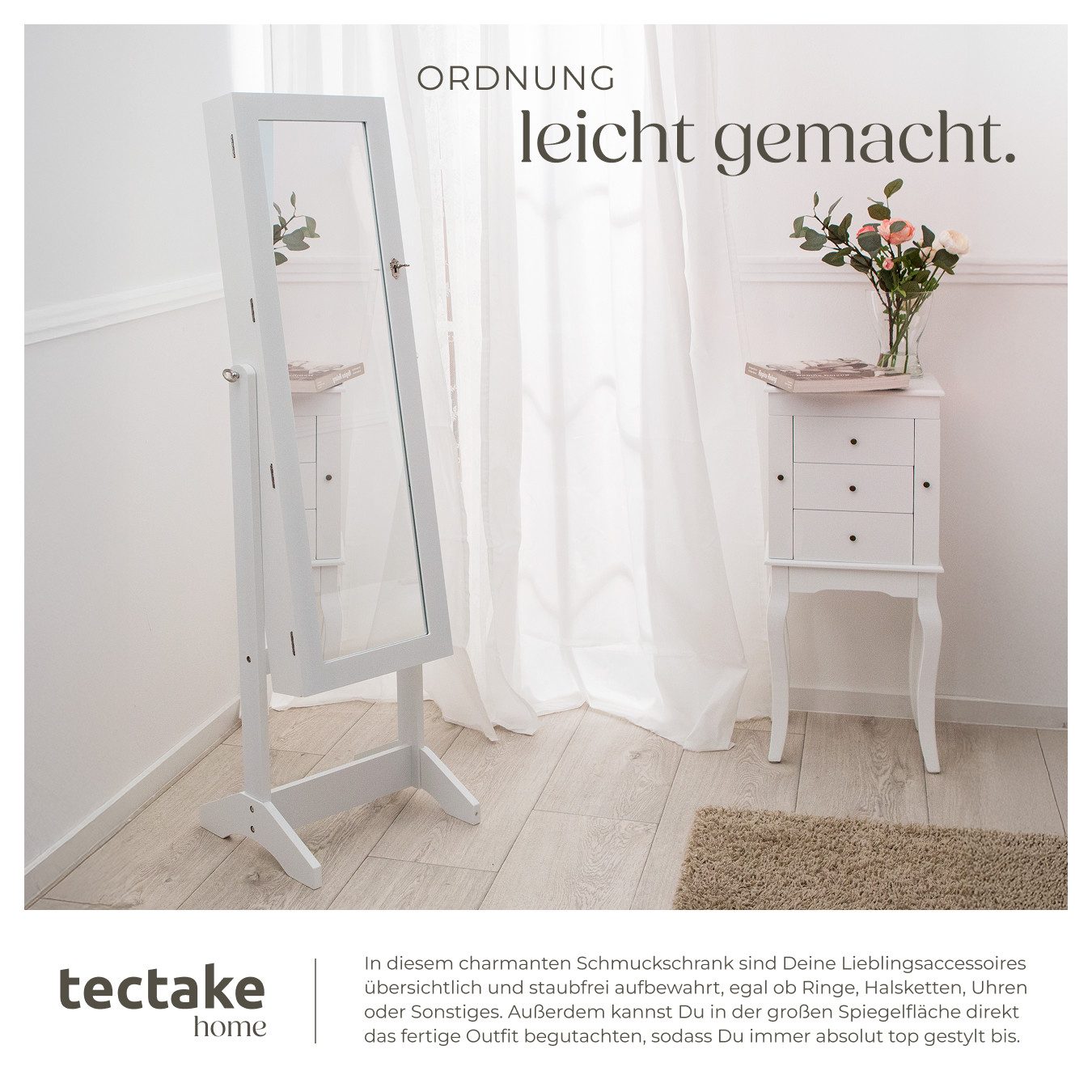 tectake Standspiegel Schmuckschrank mit Ganzkörperspiegel, mit Flocksamtauskleidung (Schmuckständer, in weiß), aufgeteilter Innenraum mit Haken, Schlitzen und Löchern, abschließbar