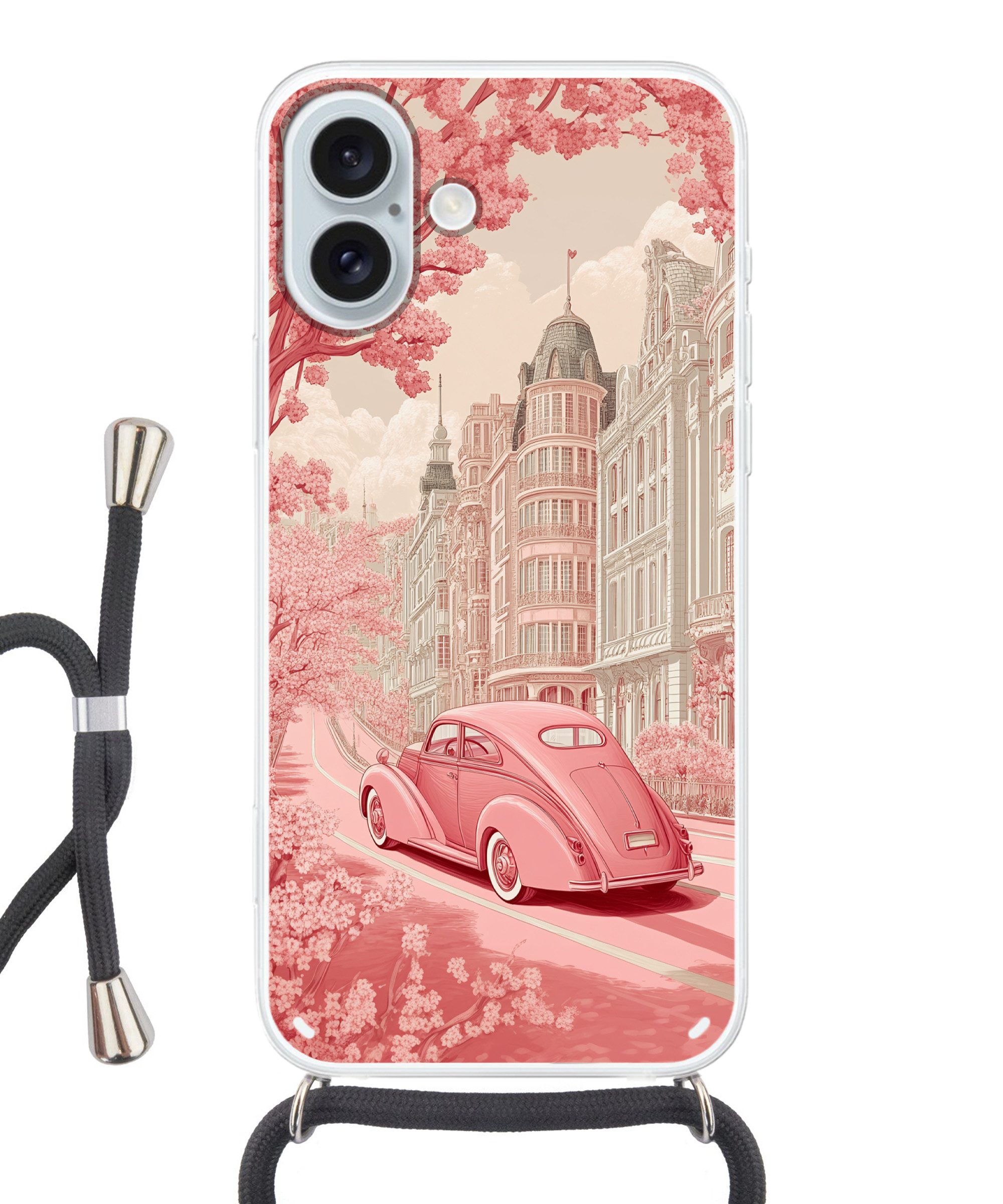 MuchoWow Handyhülle für Apple iPhone 16 Plus Stadt - Auto - Rosa, Tragbare Handyhüllen mit Kette zum umhängen, Handykette Handyband