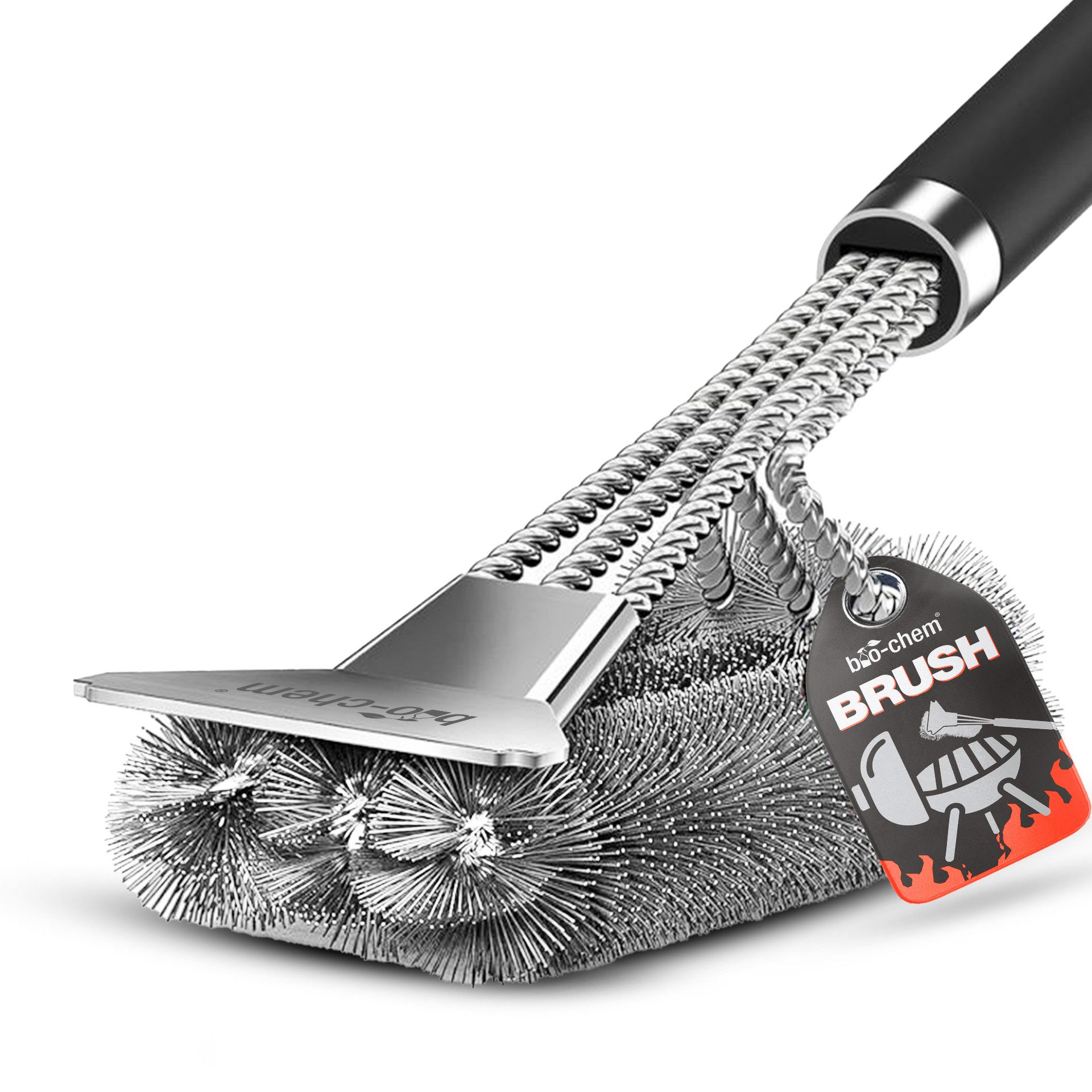bio-chem Grillbürste Grillbürste – Edelstahl-Borsten, Schaber & Wärmedämmung, Gasgrill, Grillrost, Holzkohlegrill, Kugelgrill, (Einzelprodukt, 1x Grillbürste), 3-facher Bürstenkopf & ergonomischer Griff