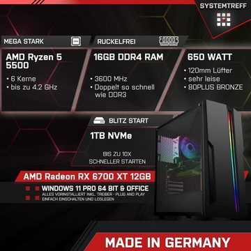 SYSTEMTREFF Gaming-PC (AMD Ryzen 5 5500, Radeon RX 6700 XT, 16 GB RAM, 1000 GB SSD, Luftkühlung, Windows 11, WLAN)