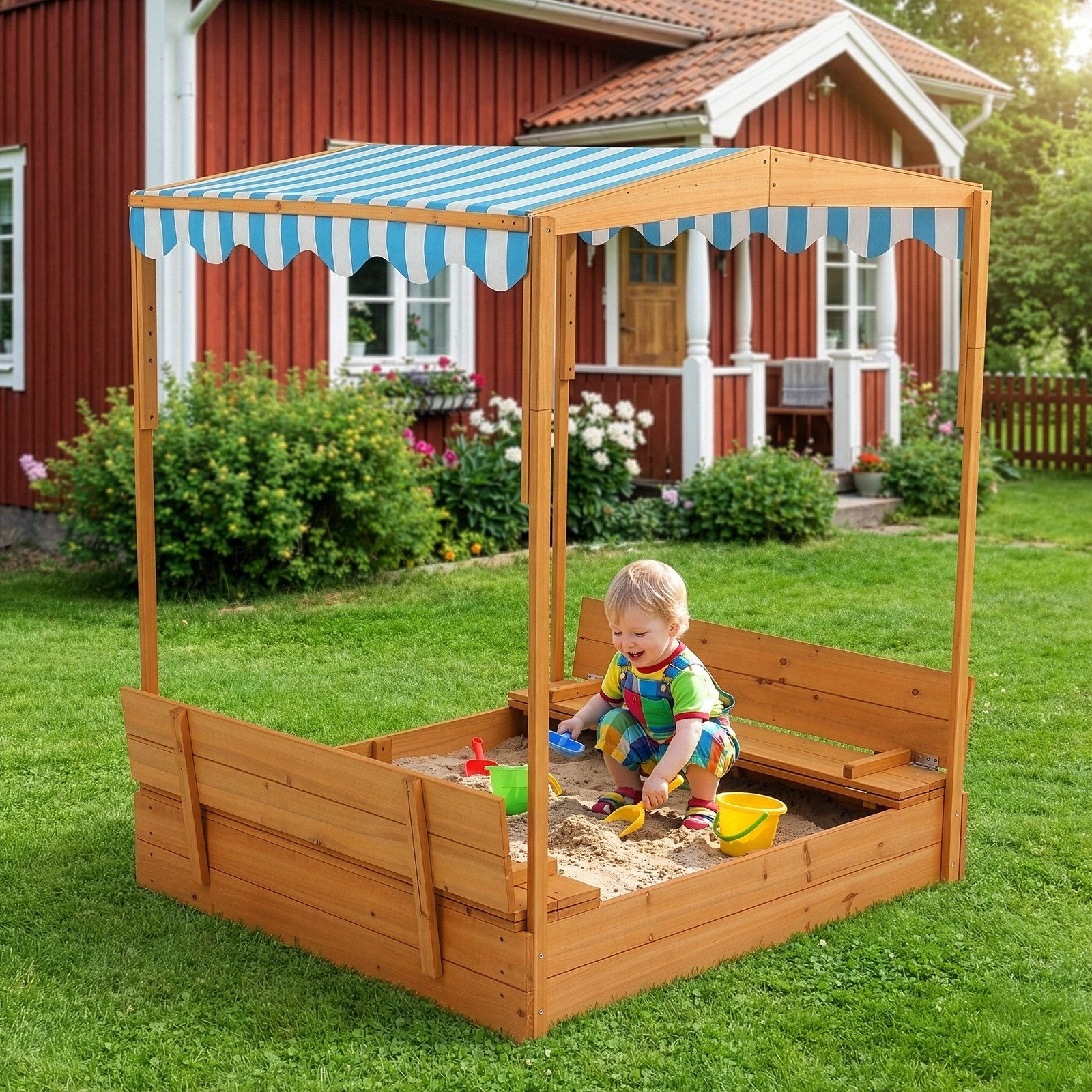 LALAHO Sandkasten mit Dach & Sitzbänken – Holzspielsandkasten für Kinder im Garten, 118x118x145cm,Kindersandkasten, Sandkasten Garten,Holz massiv