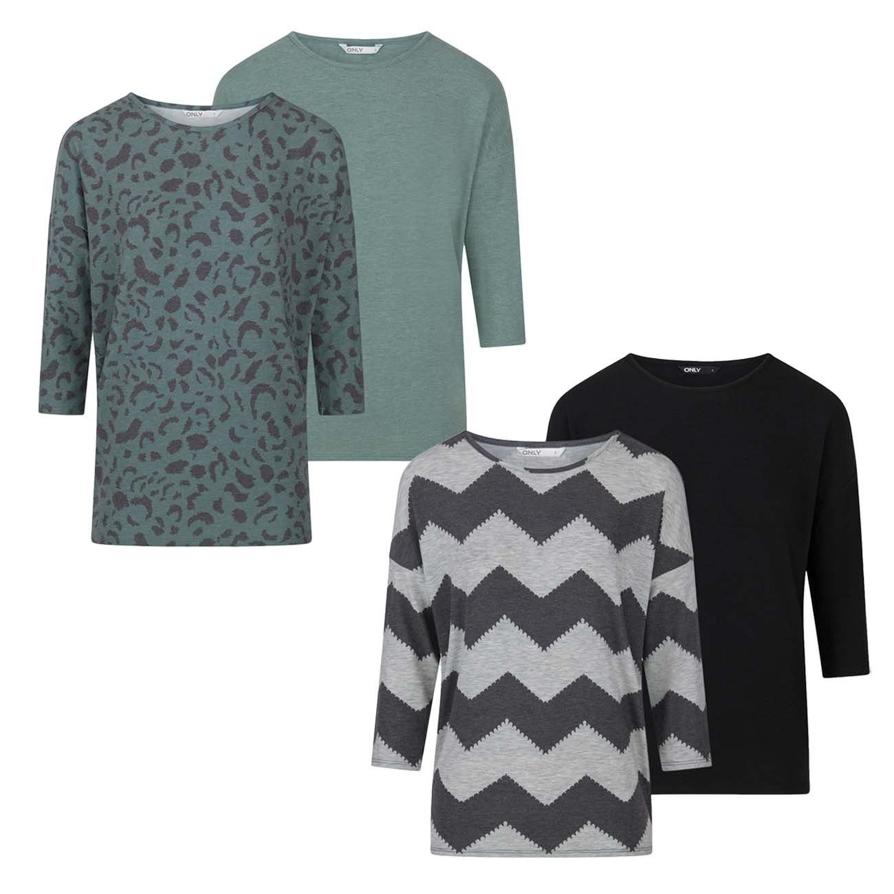 Damen ONGLAMOUR Basic 3/4 ONLY (4-tlg) Ärmel Regular Rundhalsausschnitt Arm Fit 3/4 Chinois Shirt mit Black & T-Shirt Top Green