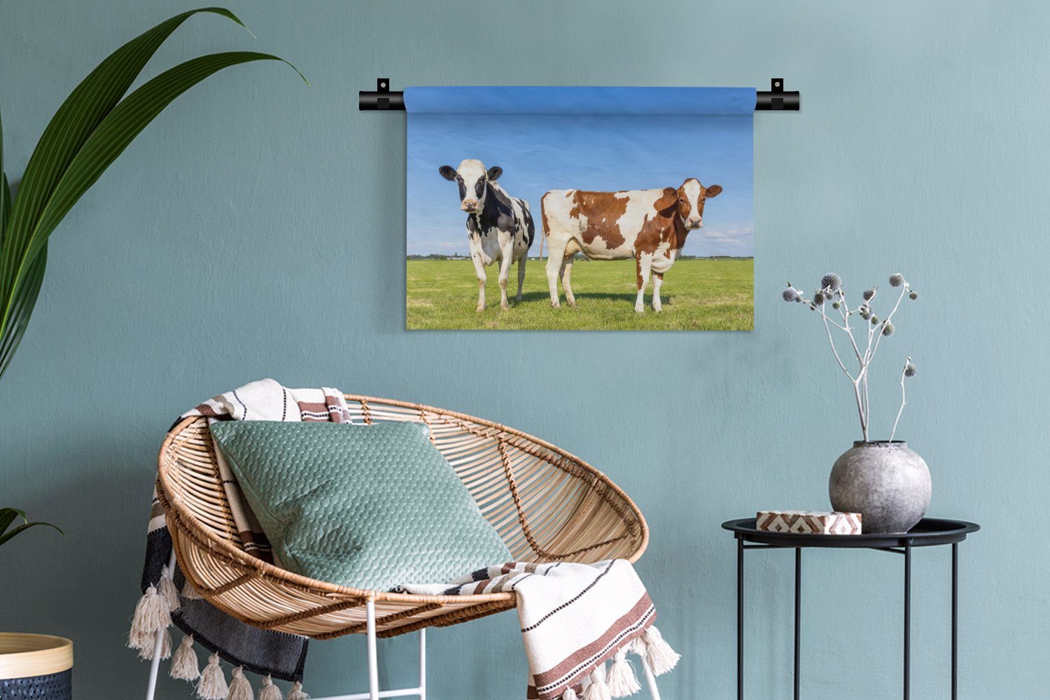 MuchoWow Wanddekoobjekt Wanddeko Wandbehang, Bauernhof - Kleid, Gras Kühe Natur - - Tiere, - Wohnzimmer, Kinderzimmer für Schlafzimmer