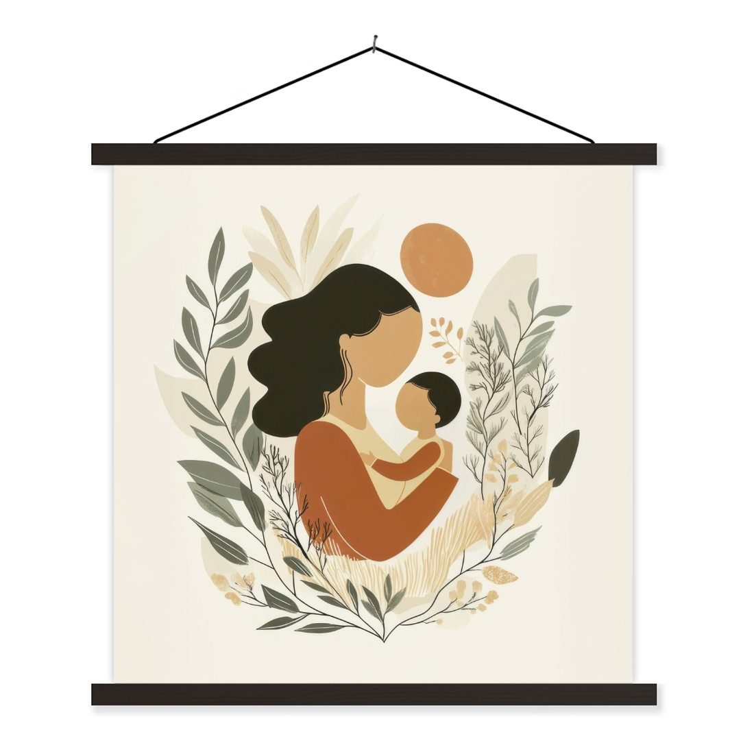 MuchoWow Poster Illustration - Mutter - Kind - Liebevoll, (1 St), Bilderhalter, Bilderrahmen, Magnet Rahmen, Holz, 90x90 cm