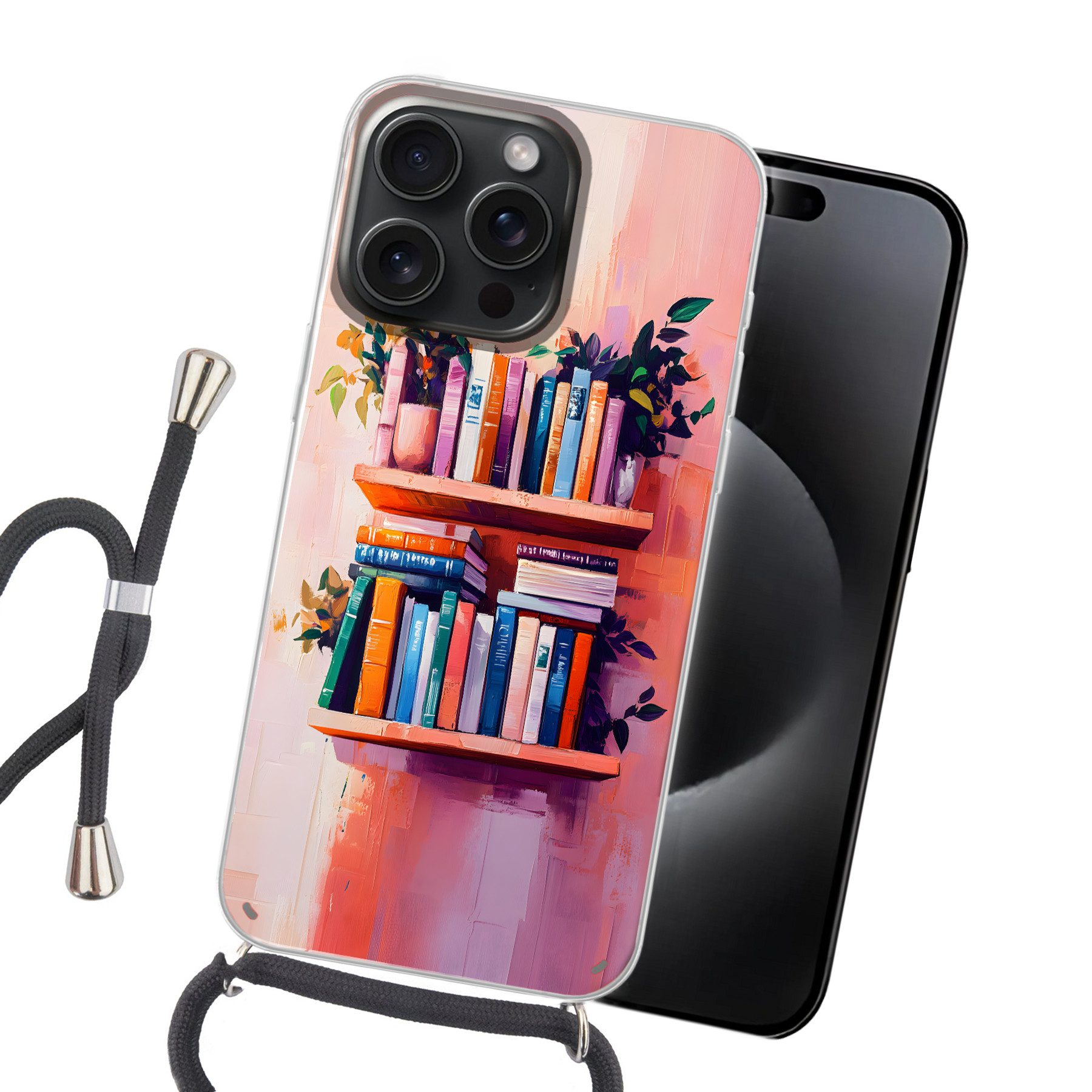 MuchoWow Handyhülle für Apple iPhone 15 Pro Max Regale - Bücher - Blätter, Tragbare Handyhüllen mit Kette zum umhängen, Handykette Handyband