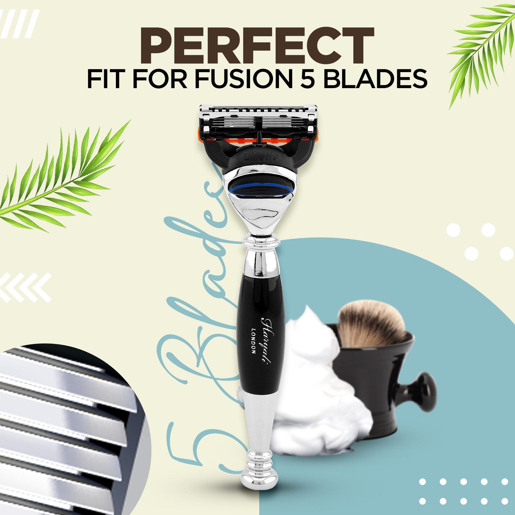 Haryali London Nassrasierer Fusion 5 Unisex-Rasierer für Körper und Gesicht, schwarzer Griff, Pack, Rasierer mit Klinge und MESSINGHARZ Finish, Abwaschbarer, rutschfester Griff. Passend für alle Fusion5 Rasier.
