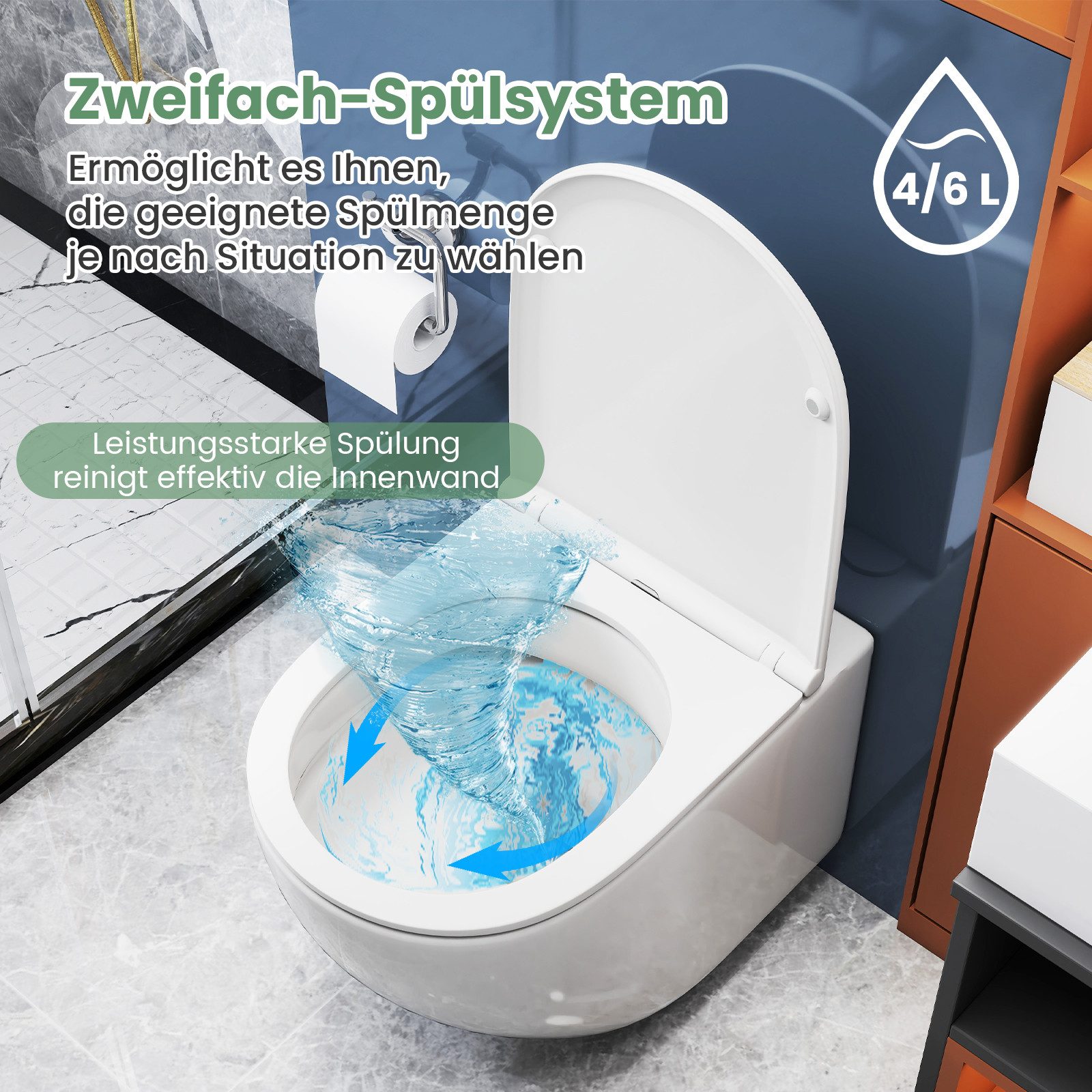 COSTWAY Tiefspül-WC spülrandlos, Hänge, Wand-WC mit Sitz, Dual-Spülsystem