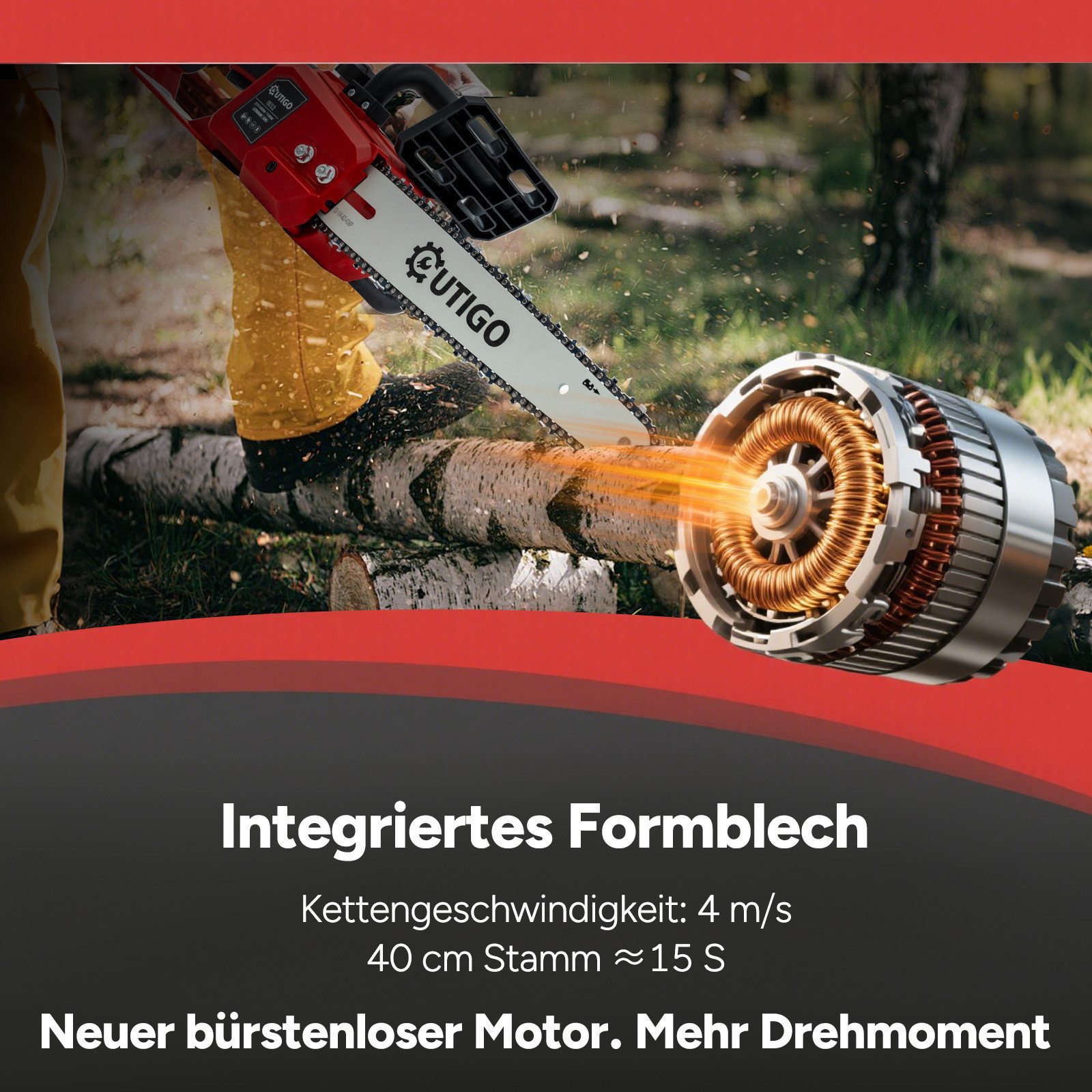 OUTIGO Cordless Chainsaw 12'' Chainsaw, 2*4500 mAh Batteries, 1000W Brushless Electric Chainsaw, 2*4.5 AH Batteries, 12 inch, 2 Batteries, 1 Chain + 1 Guide Bar, 1000 W