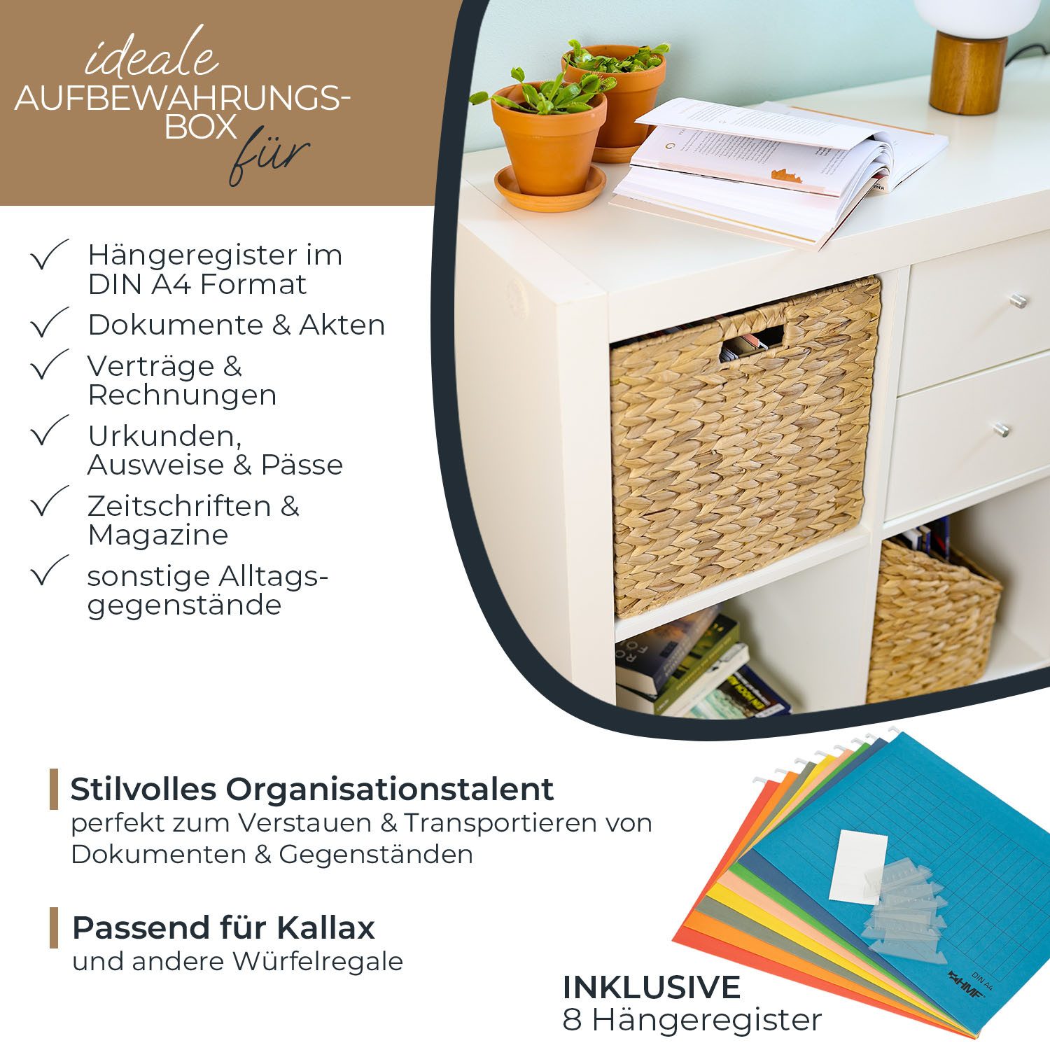 HMF Hängeregistraturbox Aufbewahrungskorb für DIN A4 Hängeregister passend für KALLAX, Korb (Set, inkl. 8 Hängeregister), geflochten aus Wasserhyazinthe mit Griffen 33 x 38 x 32 cm, Natur