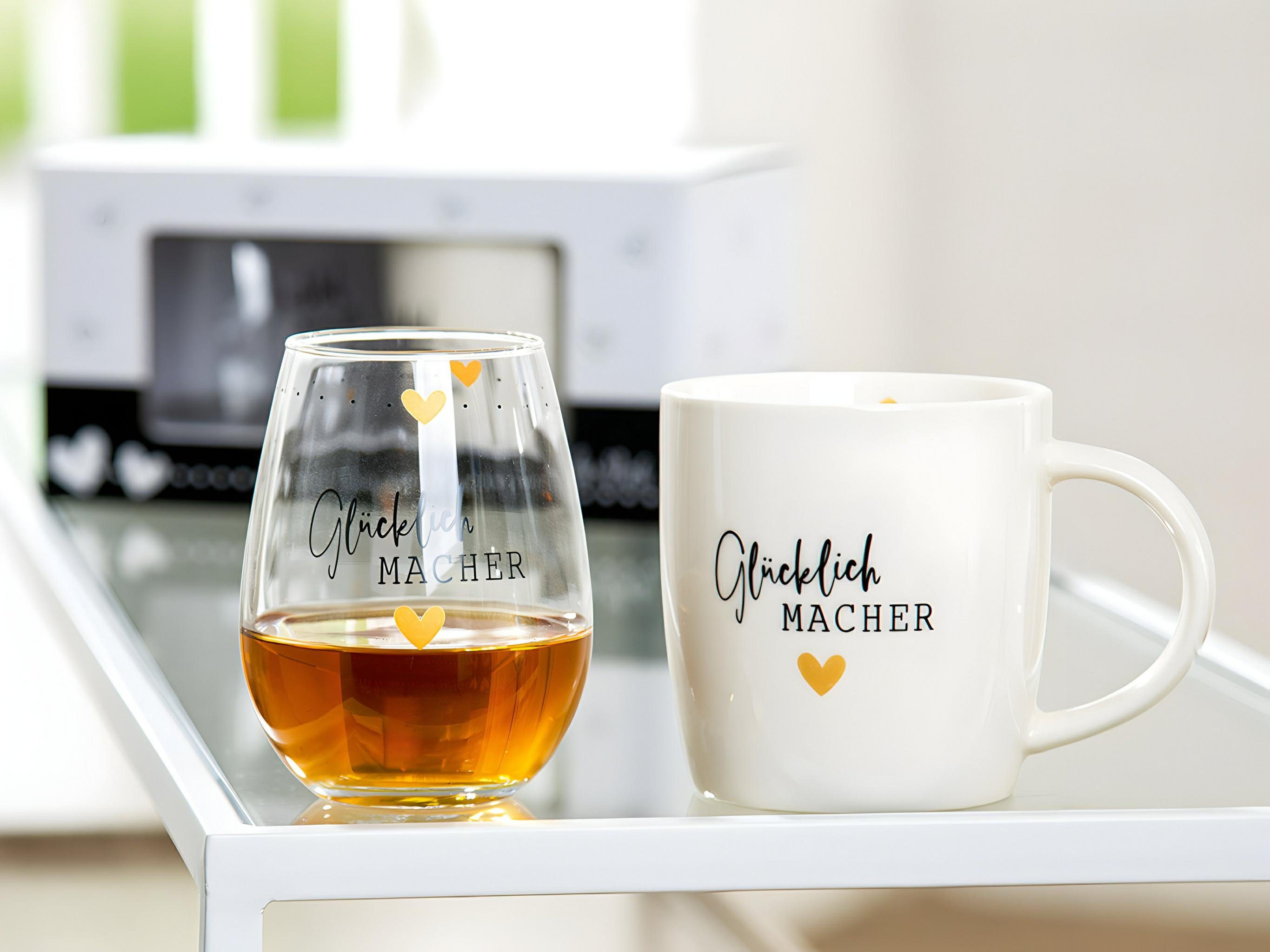 GILDE Geschirr-Set Porzellan/Glas 2er Set Glücklich Macher (2-tlg), Porzellan & Glas, Charmante Geschenkidee - spülmaschinengeeignet