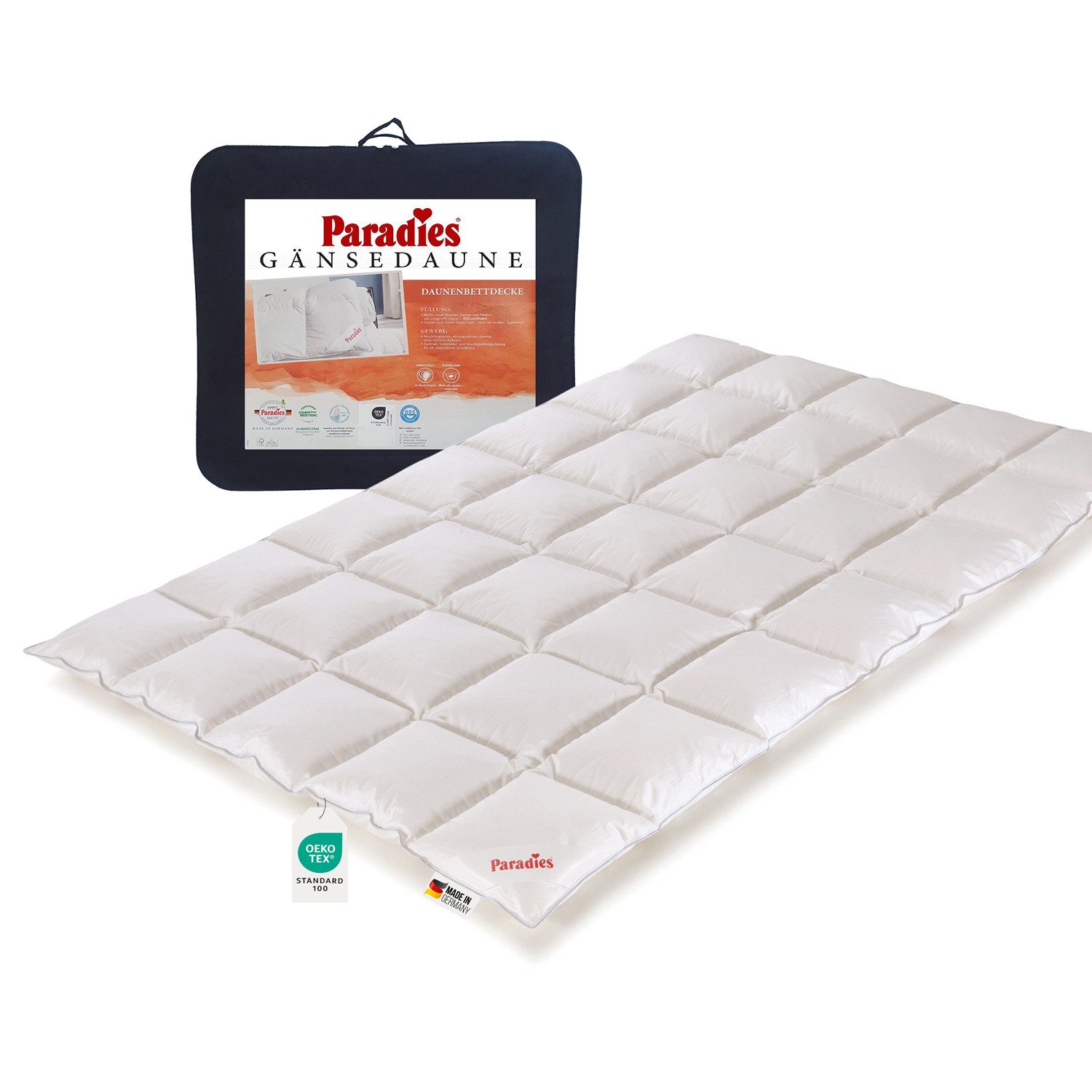 Paradies Daunenbettdecke Paradies Gänsedaunen Bettdecke Melinda Daunendecke medium warm 135x200, Füllung: 90% neue weiße Gänsedaunen Klasse1, 10% neue weiße Gänsefederchen Klasse1, super Clean, Bezug: 100% Baumwolle ohne optische Aufheller