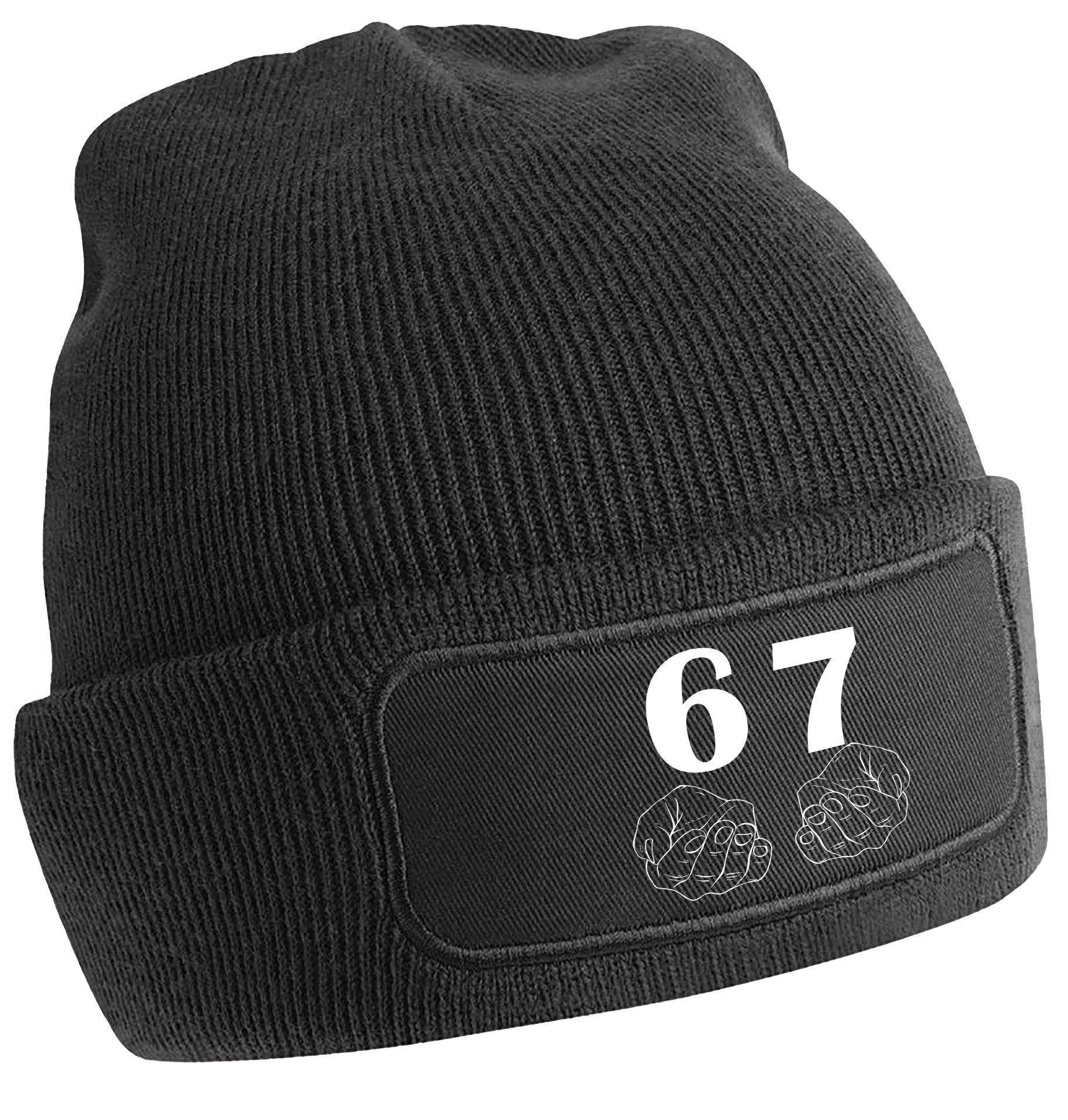 Strickmütze mit 67 print und offenen Händen