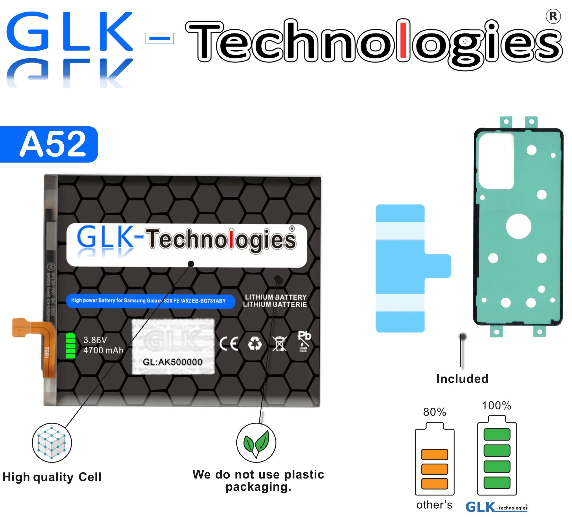 GLK-Technologies High Power Ersatzakku kompatibel mit Samsung Galaxy A52 A525F, A52 5G A526B, A52s A528B, GLK-Technologies Battery, accu, 4700mAh Akku, inkl. 2X Klebebandsätze Smartphone-Akku (3,85 V)