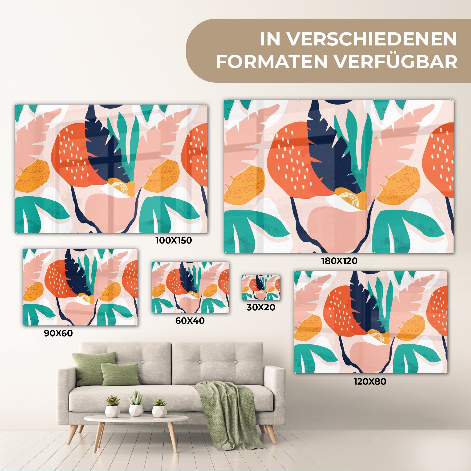 - Wandbild Glas - - St), Muster, Bilder Foto MuchoWow auf - Glasbilder Wanddekoration - (1 Acrylglasbild auf Farben Blätter Glas