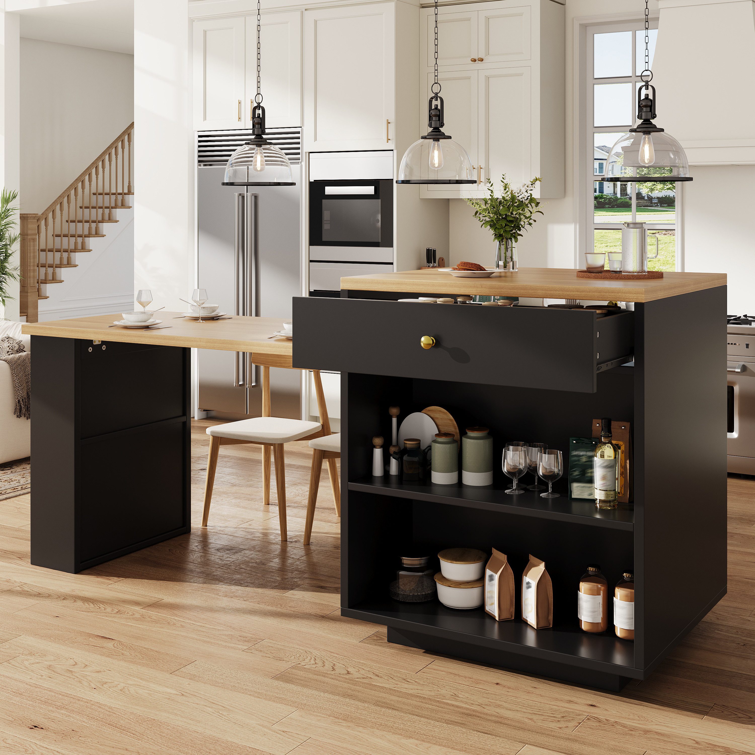 Flieks Kücheninsel mit ausziehbarer Esstisch, 3 Schubladen und 1 Türablagen, (122,5-195,5cm Länge verstellbar), Multifunktionaler Küchenschrank mit erweiterbarer Tisch Schwarz