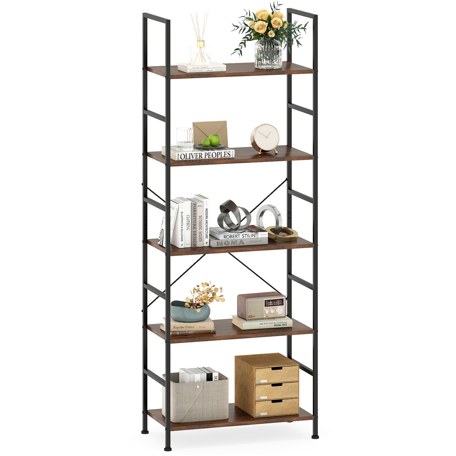 COSTWAY Bücherregal, 160 cm Standregal mit 5 Ebenen, Metallrahmen Holz