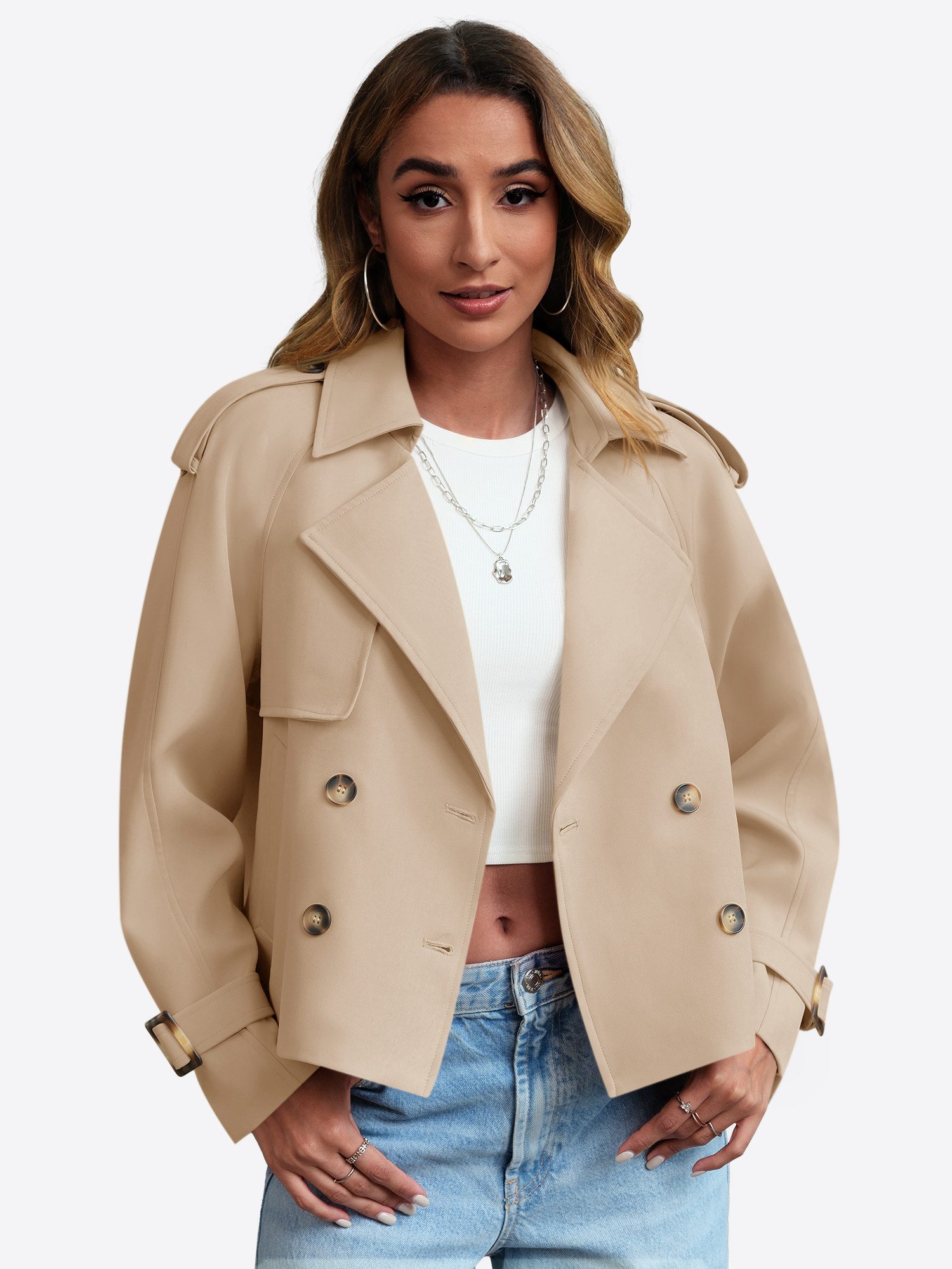 Imily Bela Trenchcoat Damen Zweireihige Casual-Kurzjacke (Packung, 1-tlg., 1per-Pack) winddicht