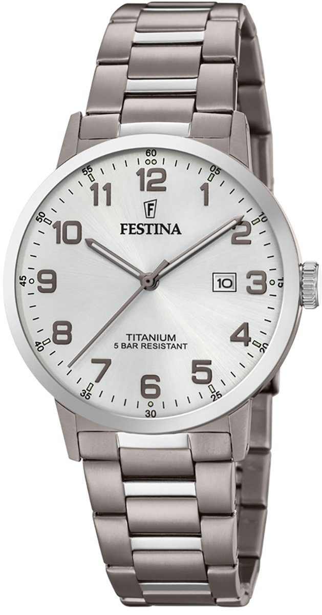 Herren Festina silber Festina Armbanduhr Quarzuhr F20435/1 Titan, Uhr Titanarmband rund, Analog Herren