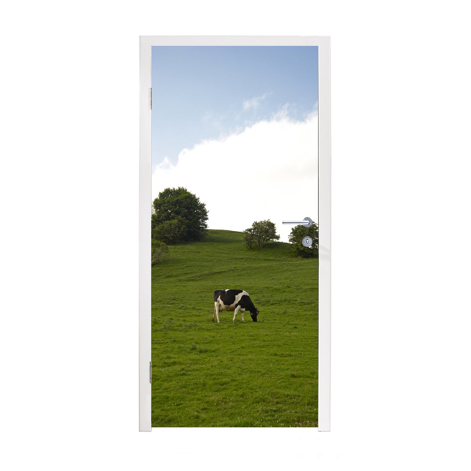 Türtapete Türaufkleber, MuchoWow St), (1 Tier cm - bedruckt, Tür, Landschaft, für 75x205 Matt, Fototapete Kuh -