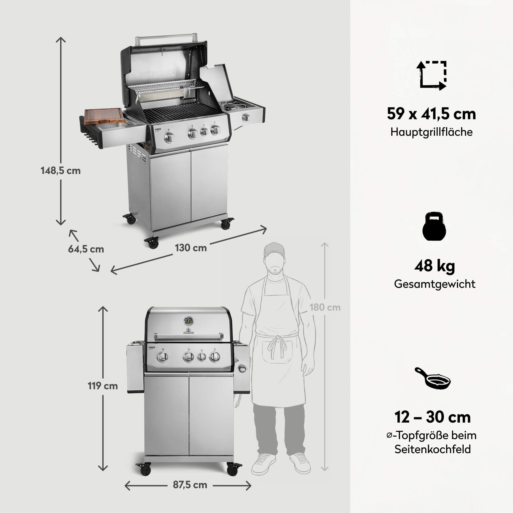 BURNHARD® Gasgrill 2 Edelstahl-Stabbrenner à 3,75 kW, 1 Infrarot-Keramikbrenner 3,75 kW, Infrarot-Keramikheckbrenner 3,2 kW, Seitenkochfeld, Gussrost, Piezo-Zündung – FRED Deluxe