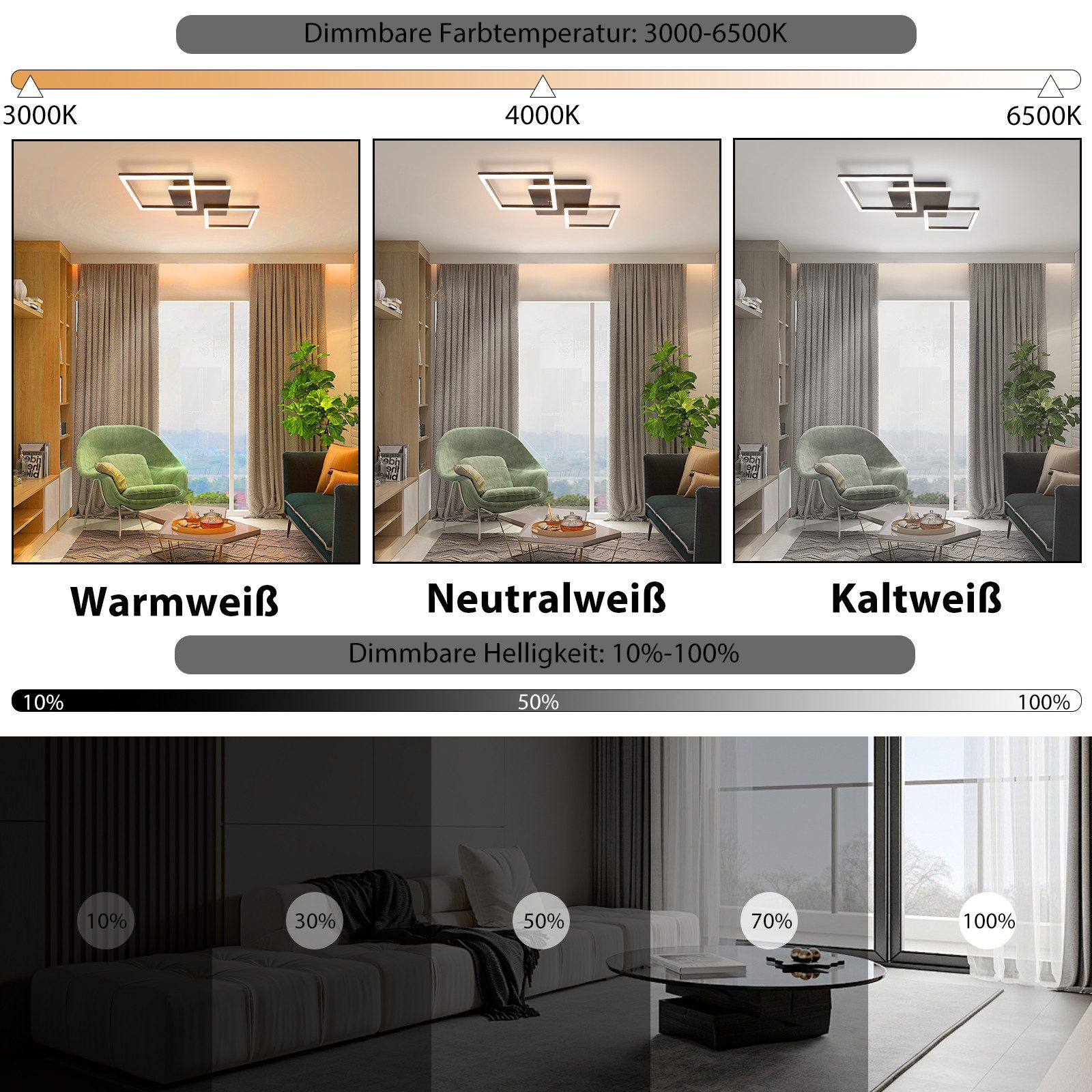 Nettlife LED Deckenleuchte Wohnzimmer Schwarz Dimmbar Eckig Modern 36W mit günstig online kaufen