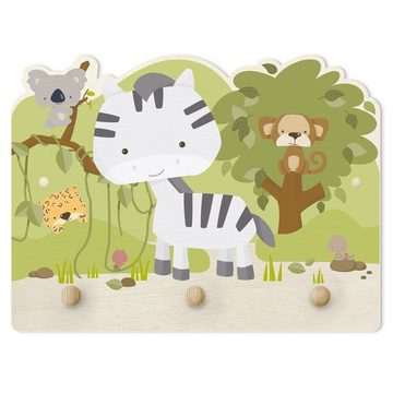 Bilderdepot24 Garderobenpaneel grün Illustration Tiere Baby Zebra Savanne (Kindergarderobe Holz Kleiderhaken für die Wand inkl. Montagematerial), moderne Wand Garderobenleiste Flur - kleine Hakenleiste Kinderzimmer