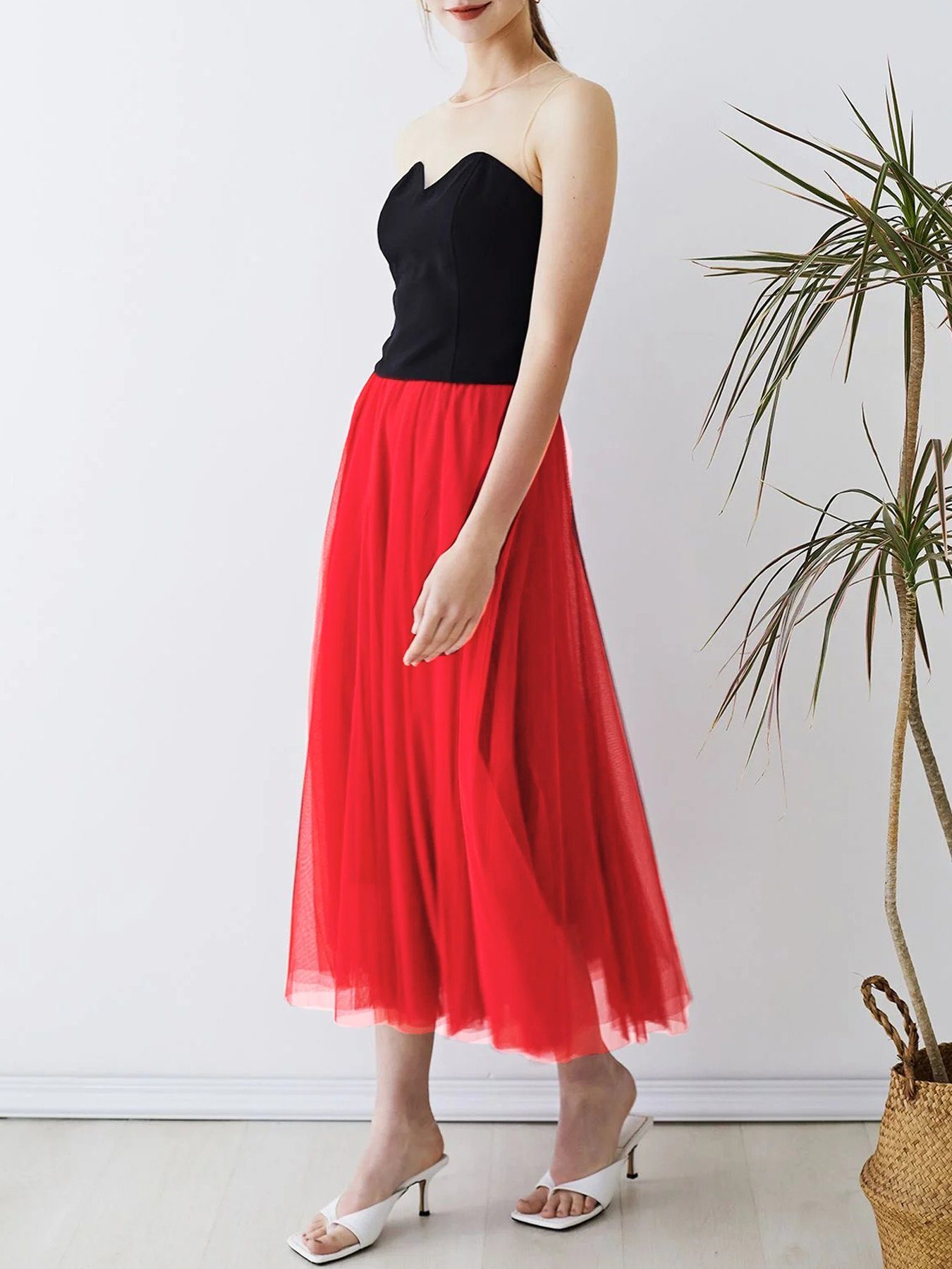 DEBAIJIA Meshrock Meshrock Damen Maxirock Sommer Elegant Lange Röcke Kleid Hohe Taille
