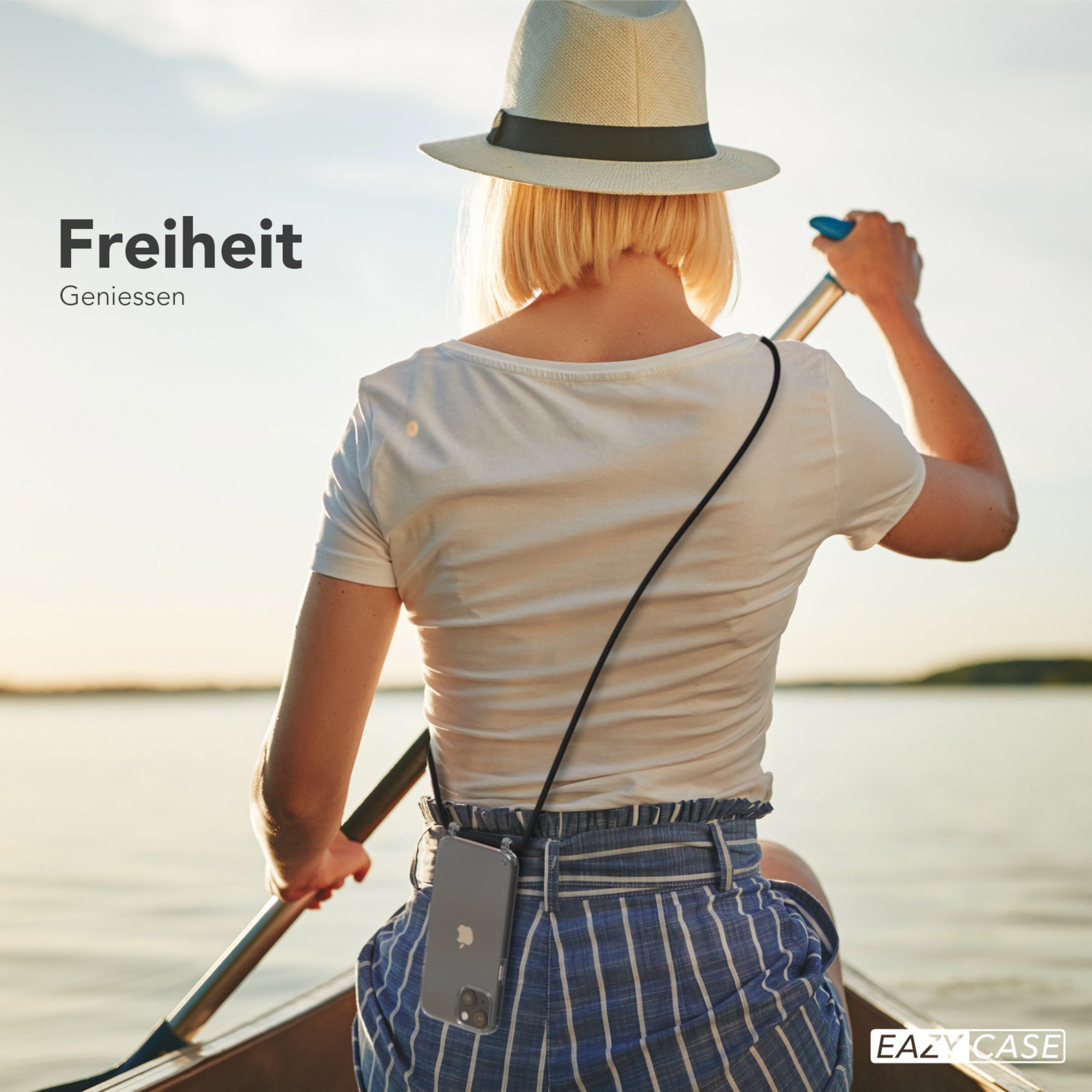 EAZY CASE Handykette Hülle mit Kette für Apple iPhone 14 6,1 Zoll, Handykordel Smartphonekette für Unterwegs Festivalbag Schwarz Rosé