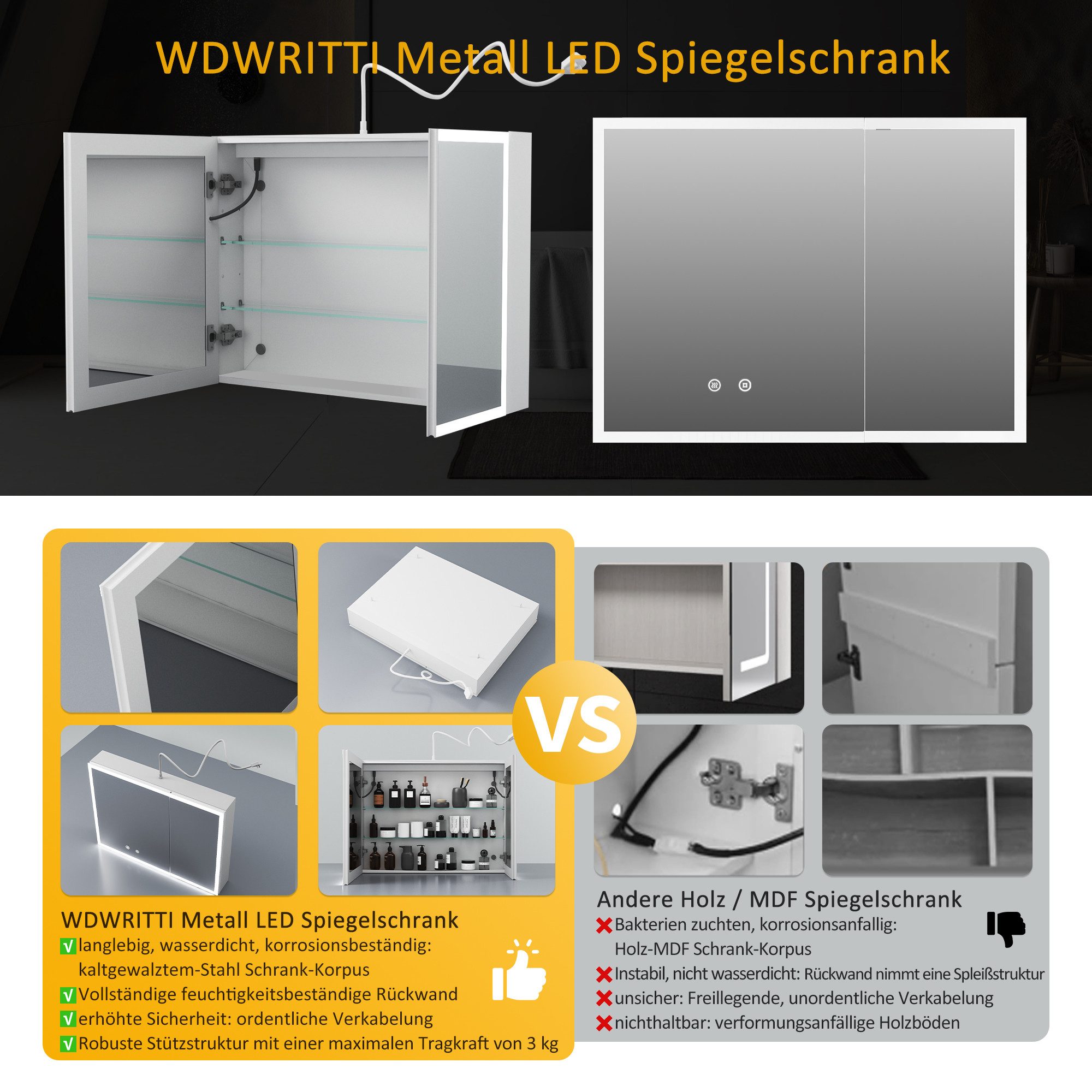 WDWRITTI Badezimmerspiegelschrank mit Led Weiss Spiegelschrank Aluminum 2türig 3Lichtfarben dimmbar (Wandschrank Badschrank Weiß, 80 x 13,5 x 60 cm) vormontiert geliefert, mit Netzstecker, Doppel Spiegel