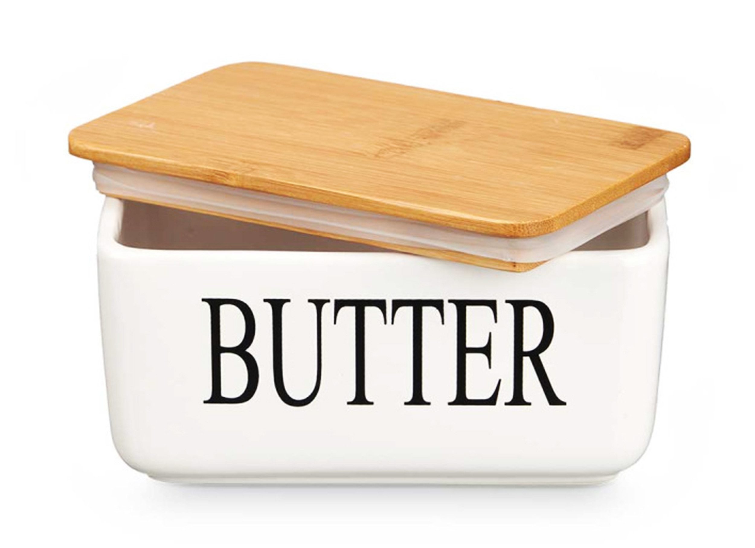 KINVARA Butterdose BUTTERDOSE aus Keramik und Bambus mit Deckel Weiß Butterglocke 10, Kühlschrank Butterschale Butterbehälter Butterbüchse Butter Box