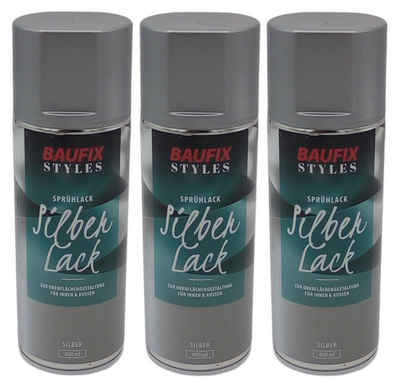 Baufix Vollton- und Abtönfarbe 3x Baufix Silber Lackspray 400ml Farbspray Sprühdose Lack Buntlack Spr