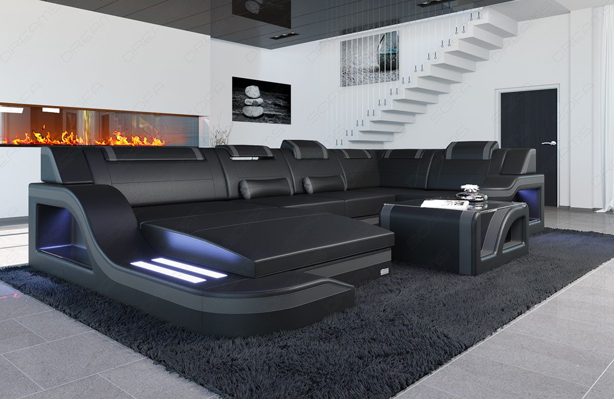 Sofa Dreams Wohnlandschaft Ledersofa Palermo U Form Mini, Designersofa Couch, mit LED Licht und USB Anschluss