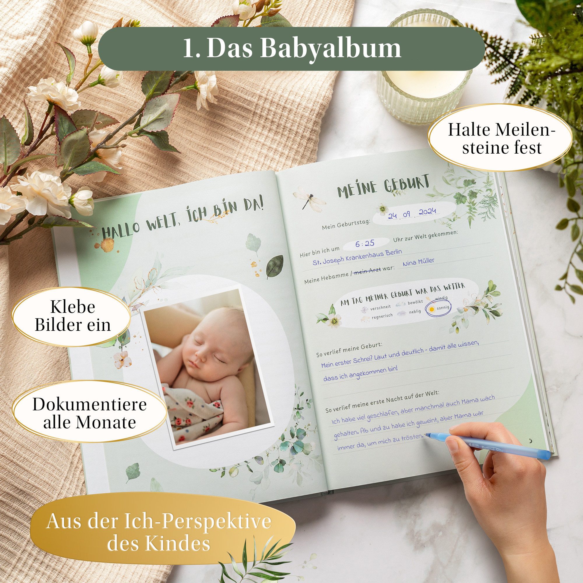 Eulentaler Tagebuch I Babyalbum Sparset I Mein erstes Jahr I Die Geschenkidee I, Erinnerungsbuch, Meilensteinkarten & Baby Abdruckset