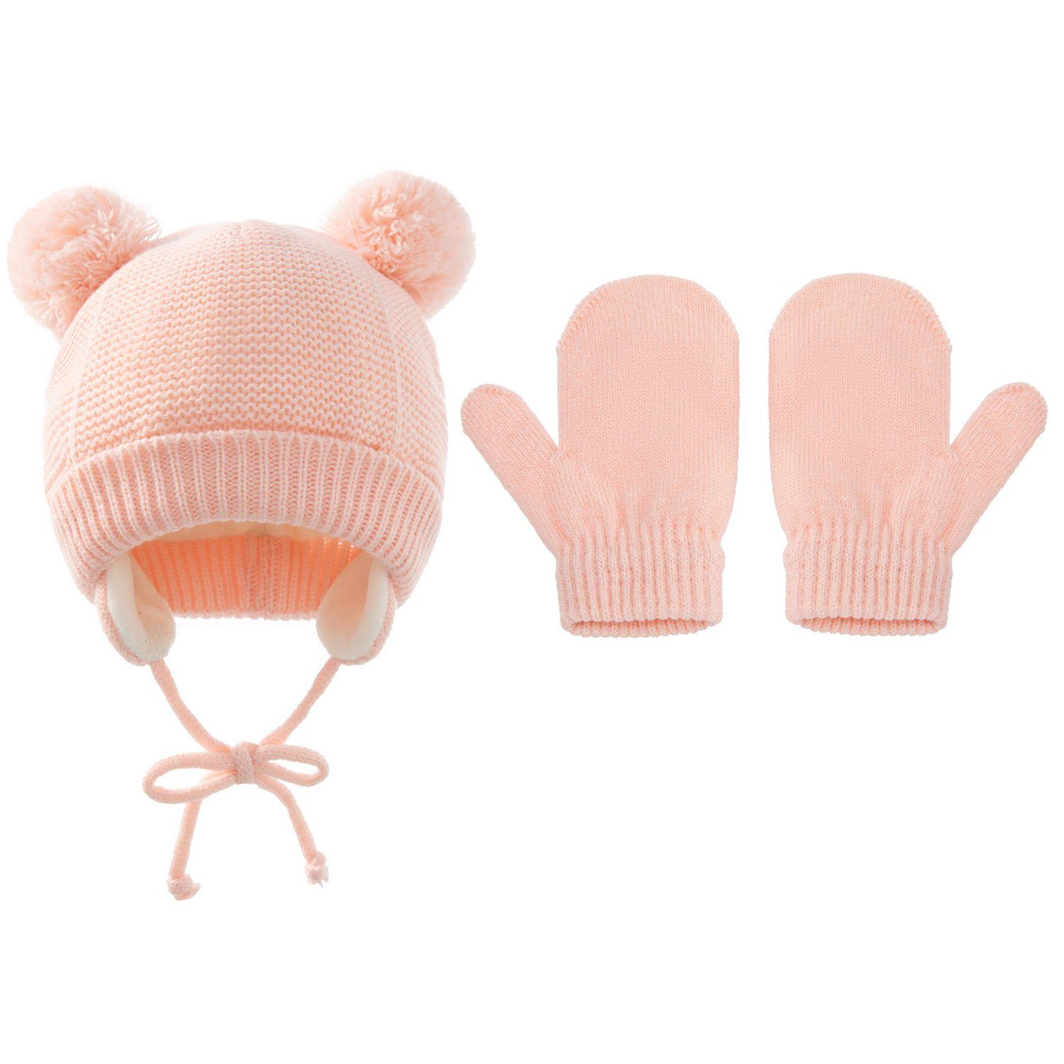 XDeer Filzhut 2 Stück Kinder Wintermütze Handschuhe Set, Strickmütze baby warme Mütze pink