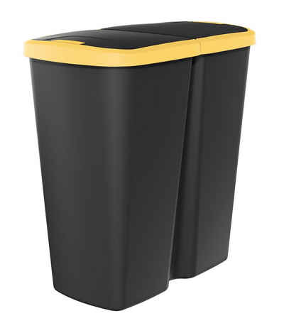 Spetebo Mülleimer Duo Abfalleimer eckig 45 Liter - schwarz / gelb, Kunststoff Mülleimer mit 2 Deckelöffnungen