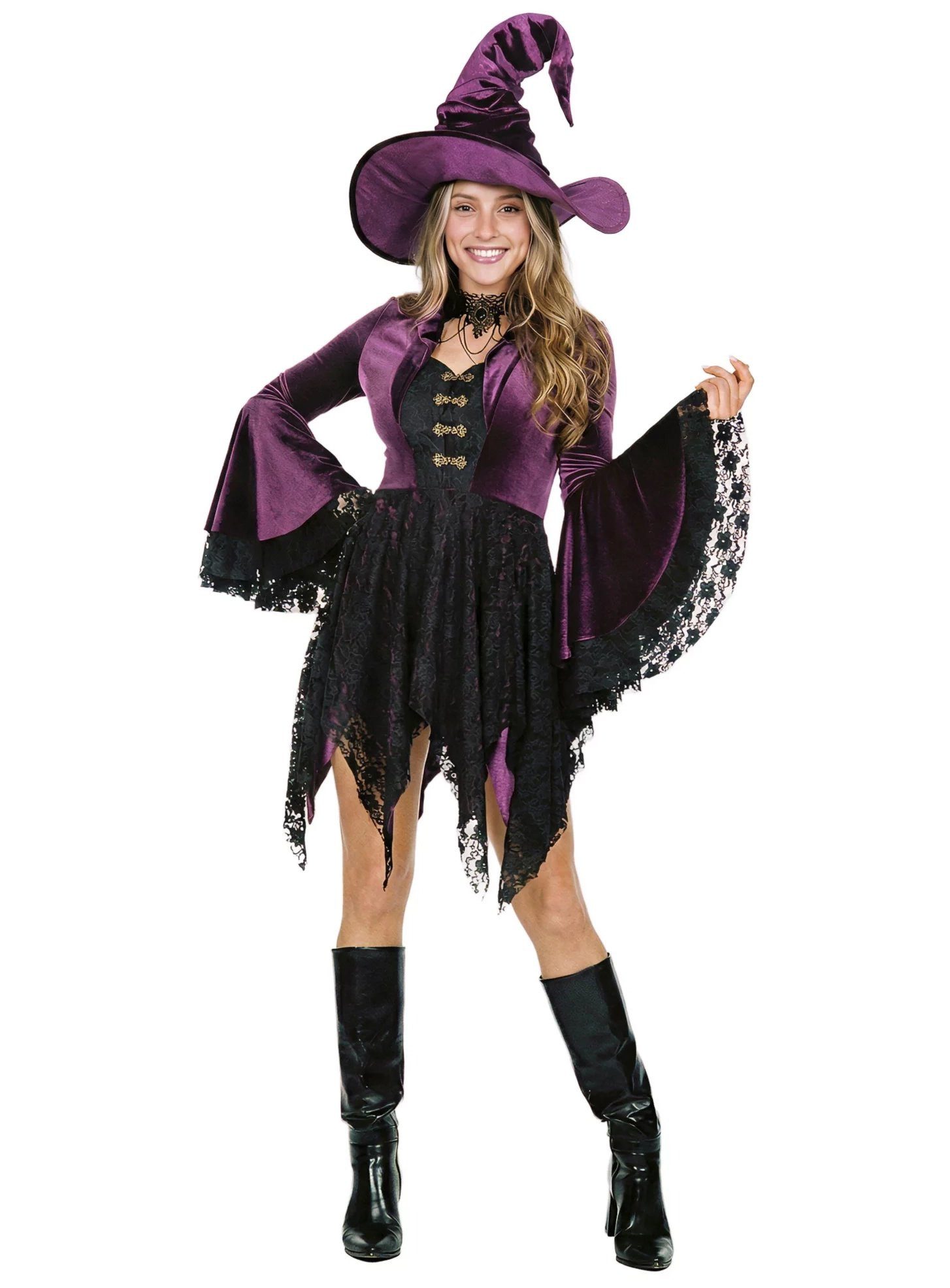 Metamorph Hexen-Kostüm Hexenkleid Samt - Zauberin Halloween Kostüm Damen, Auf magische Weise anziehend: märchenhaft schönes Hexenkostüm