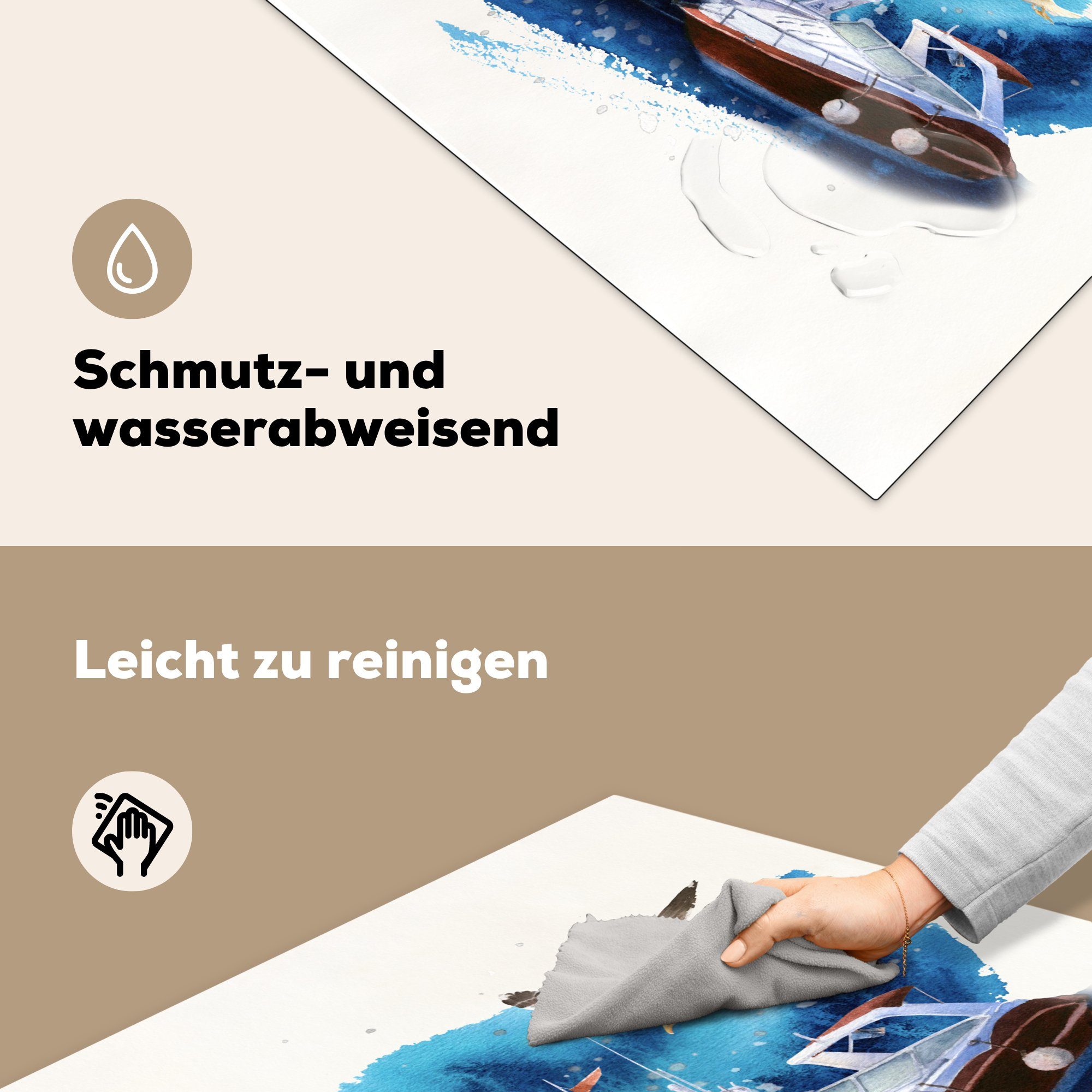 - 78x78 Aquarell, MuchoWow für - Arbeitsplatte (1 Vogel Vinyl, Boot cm, Herdblende-/Abdeckplatte tlg), Ceranfeldabdeckung, küche