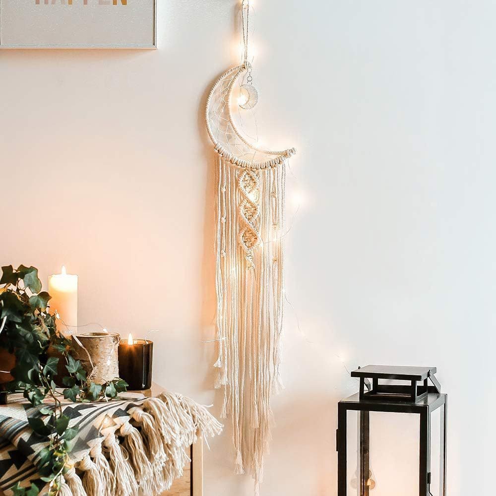 FOUORTUNATE-BEE Wanddekoobjekt Makramee Traumfänger Mond Wanddeko Handgefertigt Boho Schlafzimmer, Geflochtener Traumfänger Mond Wanddeko Boho Zimmer Deko ohne LED